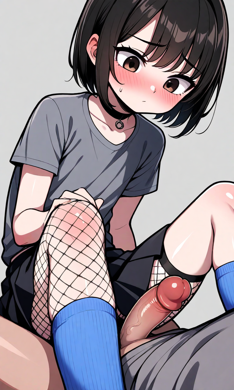 2boys ai_generated black_hair black_skirt blush brown_eyes choker dick femboy fishnet_tights grey_t-shirt medium_penis open_eyes penis shoes skirt staspivo