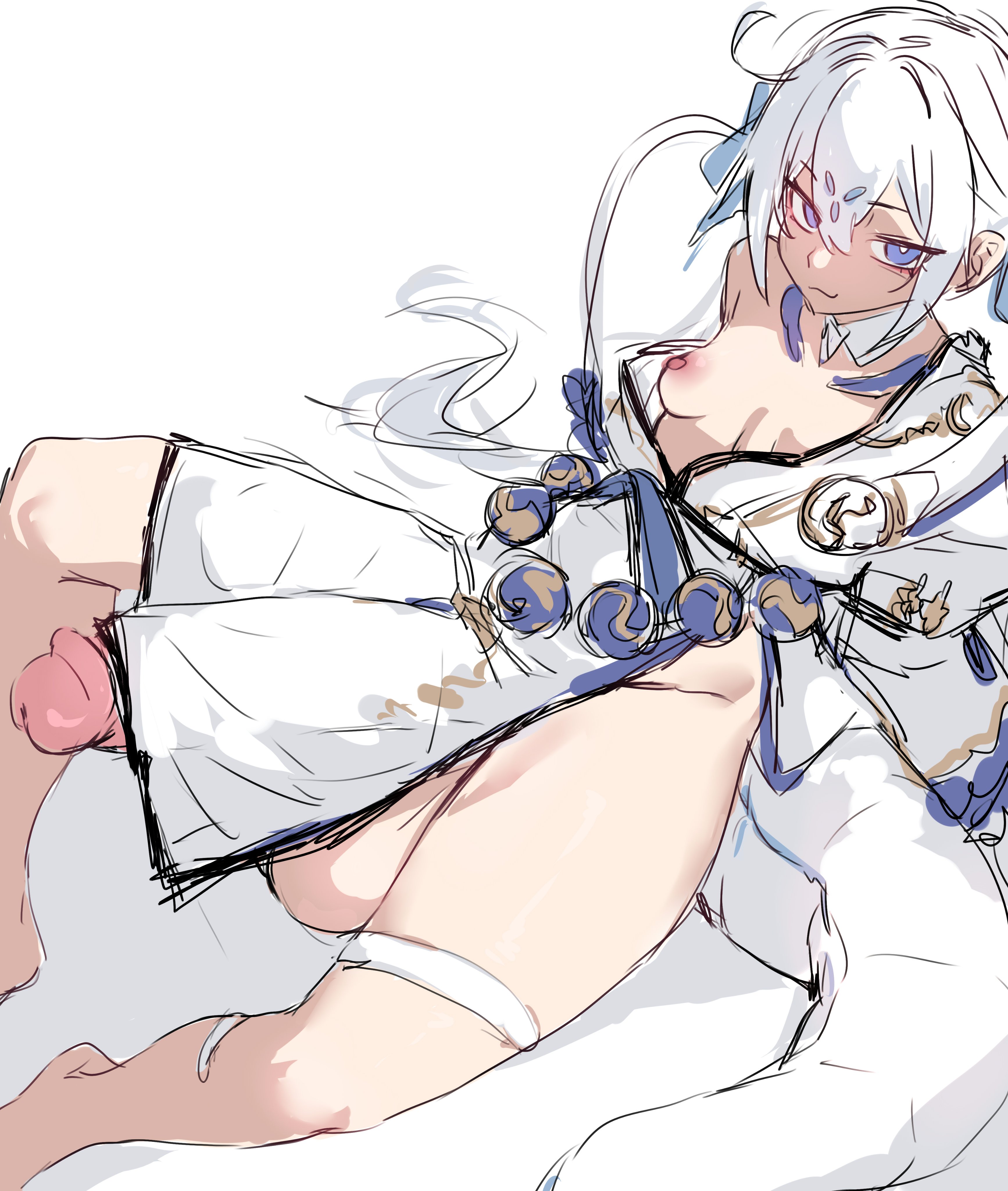 futanari, honkai (series), honkai impact 3rd, imkay 3, intersex, japanese clothes, kiana kaslana, looking at viewer, penis, penis under clothes, sketch