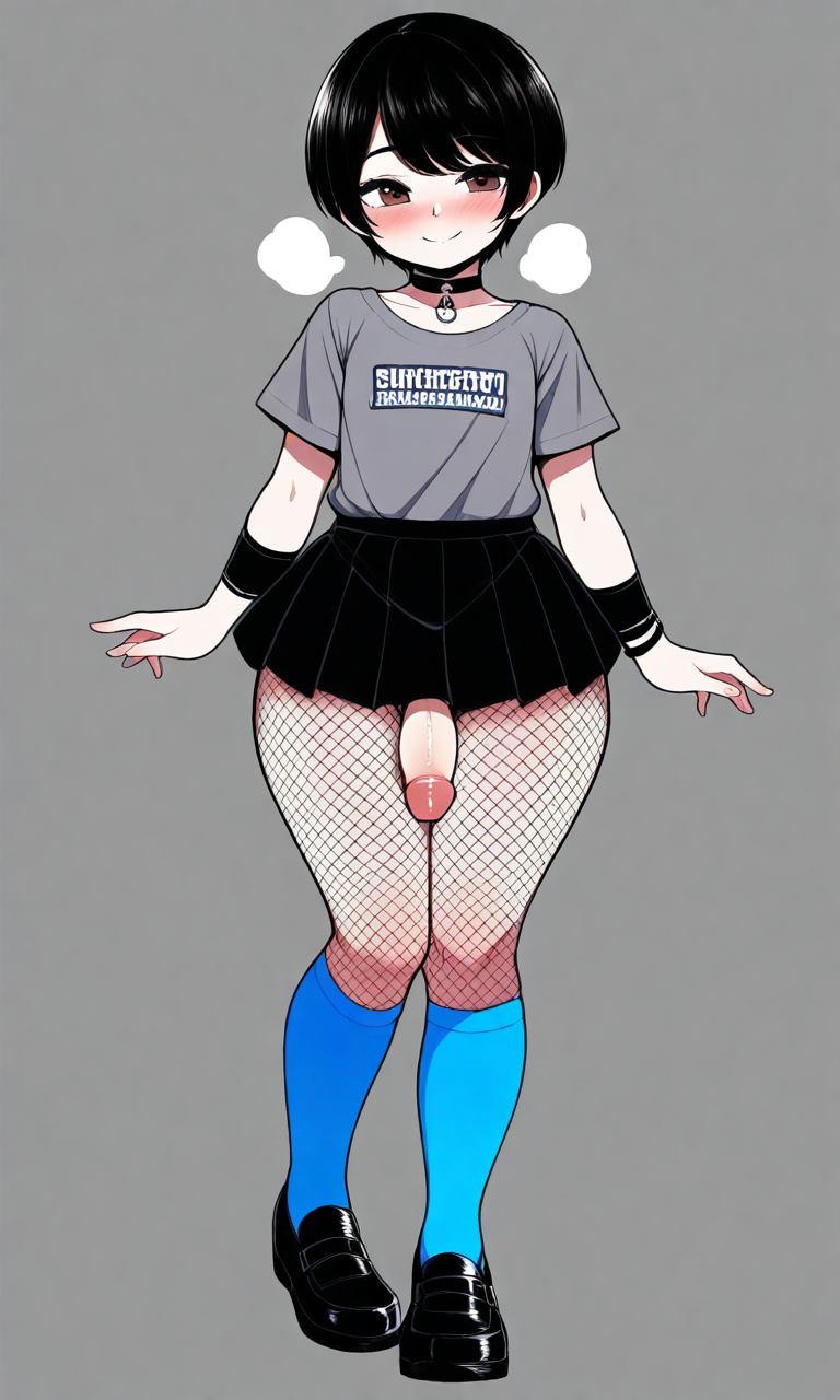 ai_generated big_ass big_ass_(male) black_hair black_skirt blush brown_eyes choker dick femboy fishnet_tights gloves love medium_penis penis shoes skirt smile staspivo