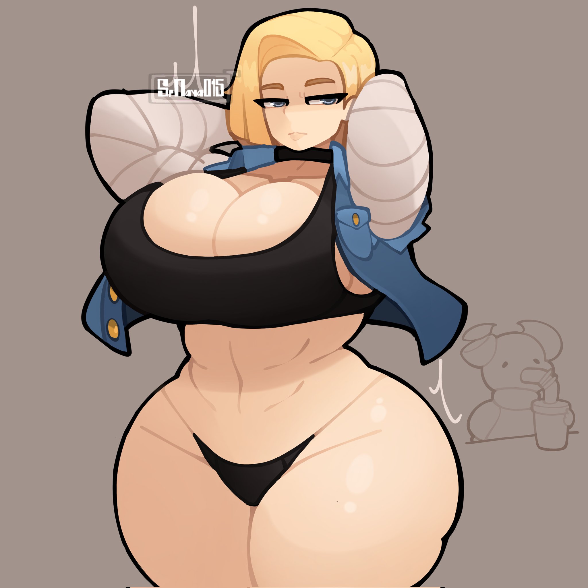 1girls, about to burst, android 18, arms up, barely contained, barely contained breasts, barely fits, big ass (female), big breasts, blonde hair, breasts, breasts too big, bursting breasts, bursting butt, dragon ball, dragon ball super, dragon ball z, female, huge ass (female), huge breasts, imminent wardrobe malfunction, overflowing breasts, srnava, straining clothing, thick thighs, tight clothes, tight clothing, tight fit, too tight, undersized clothes, undersized clothing, voluptuous