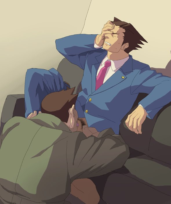 ace attorney, bara, censored, dick gumshoe, fellatio, gay, gyakuten saiban, male, male only, naruhodou ryuuichi, oral, phoenix wright, tagme, yaoi