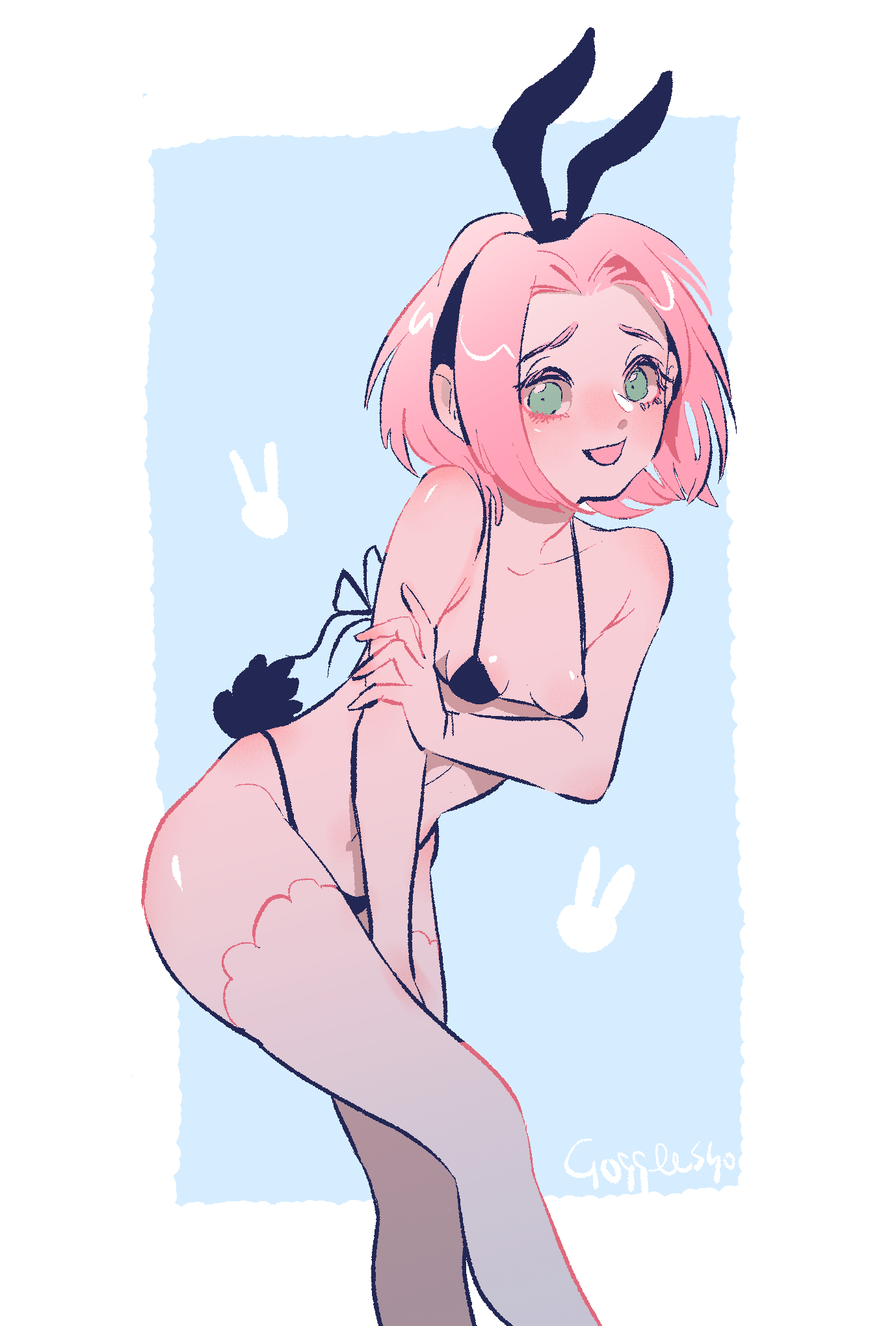 1girls, arched back, bare arms, bare legs, bare shoulders, bare thighs, bent over, bikini, bikini bottom, bikini top, black bikini, black bikini bottom, black bikini top, black panties, black thong, bob cut, breasts, bunny ears, bunny girl, bunny tail, cleavage, cute, fake animal ears, fake tail, female, female focus, female only, g-string, gogglesyopeng, green eyes, hairband, haruno sakura, hi res, high resolution, highres, inner sideboob, light skin, light-skinned female, medium hair, micro bikini, naruto, naruto (classic), naruto (series), open mouth, pale skin, pale-skinned female, panties, petite, petplay, pink hair, pinup, playboy bunny, sakura haruno, sakura haruno (genin), shonen jump, shoulder length hair, shounen jump, shueisha, sideboob, skimpy, skimpy bikini, skimpy clothes, small breasts, solo, solo female, solo focus, teenage female, teenager, thong, very high resolution, weekly shonen jump, weekly shounen jump
