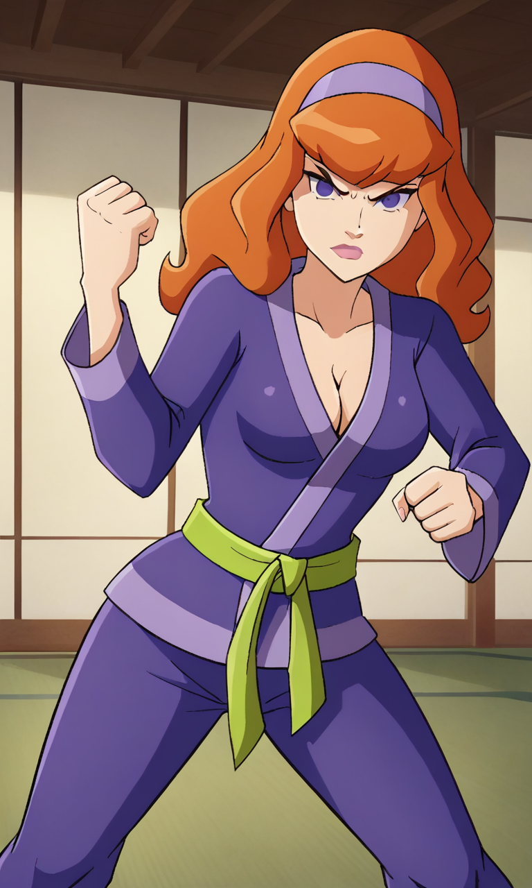 ai_generated ass bigmic145 breasts cartoon_network cleavage daphne_blake daphne_blake_(mystery_incorporated) dougi karate martial_arts red_hair scooby-doo scooby-doo!_mystery_incorporated