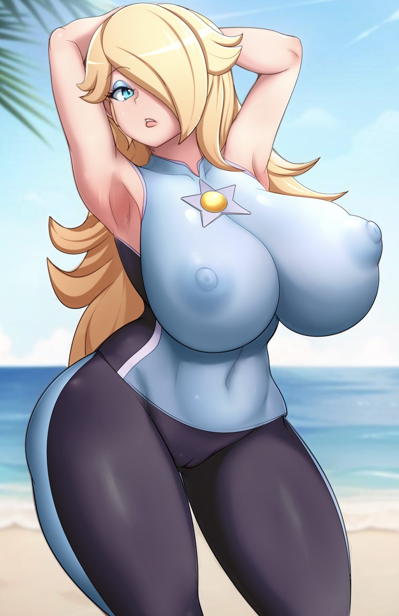 1girls, armpits, arms up, beach, big breasts, blonde hair, blue eyes, bodysuit, breasts, cameltoe, commission, cucarachaaa, female, hi res, hips, huge breasts, light skin, light-skinned female, long hair, mario (series), mario and sonic at the olympic games, nintendo, outdoors, princess rosalina, pussy, super mario galaxy, water, wetsuit, wide hips