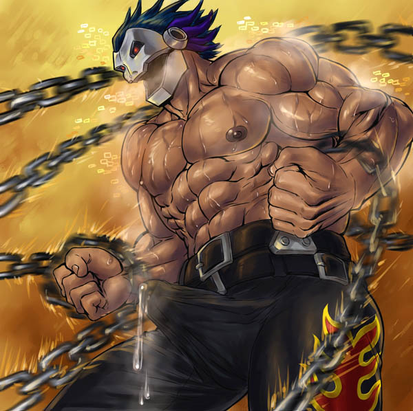 abs bandai_namco biceps bodily_fluids bottomwear breath bulge chains clothing detailed_bulge digimon digimon_(species) dripping erection erection_under_clothing genital_fluids genital_outline genitals humanoid leaking_precum male muscular muscular_male open_mouth panting pants pecs penis penis_outline precum precum_drip precum_through_clothing precum_through_pants shirtless skullmeramon solo standing sweat unknown_artist wet wet_clothing