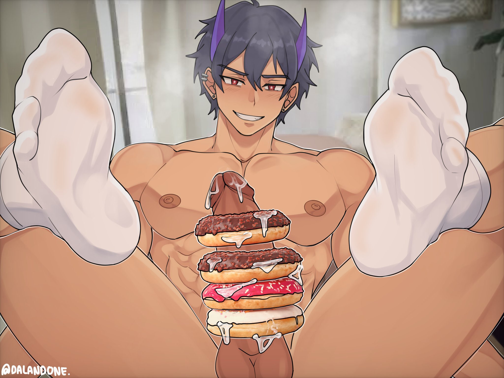 big penis, cum, cumming on food, dalandan318, donut, donuts, feet up, food, food fetish, food on penis, food play, horns, kagexvt, male, male only, muscular, penis, socks, solo, twink, white socks