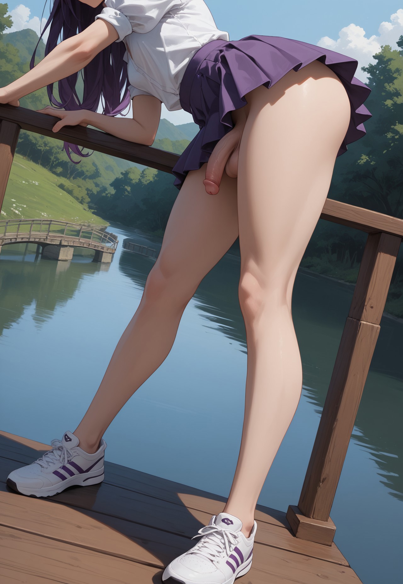1futa, ai generated, ass, balls, breasts, bridge, female, flaccid, from side, futa only, futanari, intersex, jamesbron, leaning forward, legs, long hair, long legs, no panties, nurse girl (jamesbron), penis, pleated skirt, purple hair, purple skirt, river, rolled up sleeves, shirt, skirt, small breasts, sneakers, solo, solo futa, standing, thighs