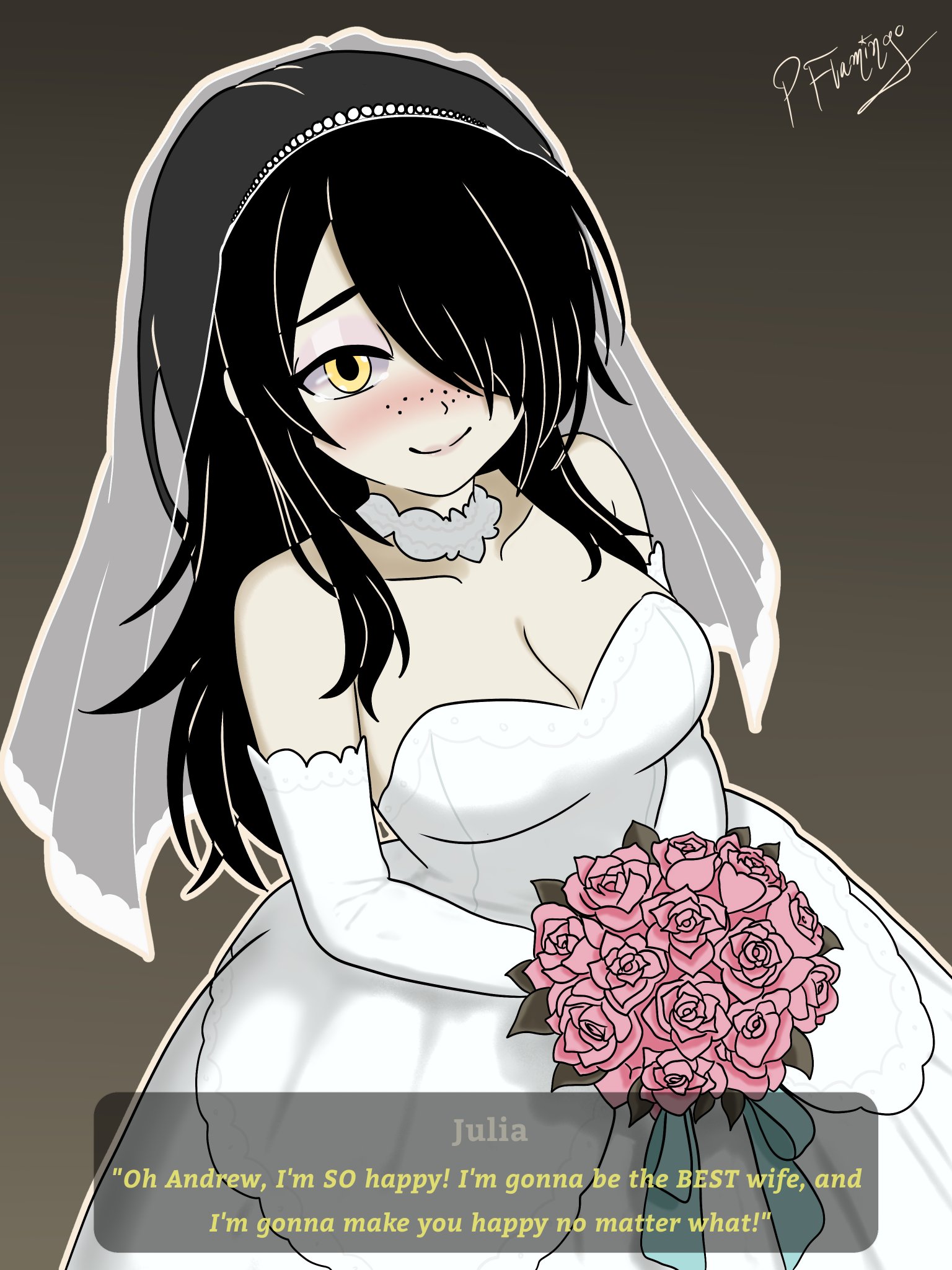 3:4, big breasts, black hair, blushed face, bridal bouquet, bridal veil, choker, elbow gloves, english text, fanart, female only, freckles on face, hair over one eye, happy female, hi res, julia (the coffin of andy and leyley), light skin, long hair, looking at viewer, neckline, pinkflamingoart, signature, solo female, talking to partner, the coffin of andy and leyley, wedding dress, wedding veil, white clothing, yellow eyes