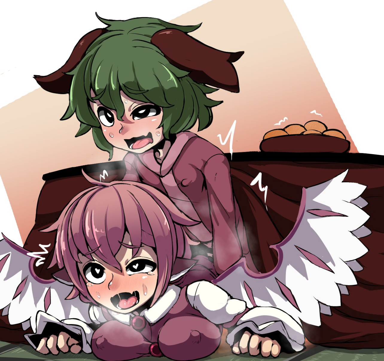ahe gao, epic armageddon, female, futanari, heart, heart-shaped pupils, intersex, kyouko kasodani, mystia lorelei, tagme, touhou, yuri