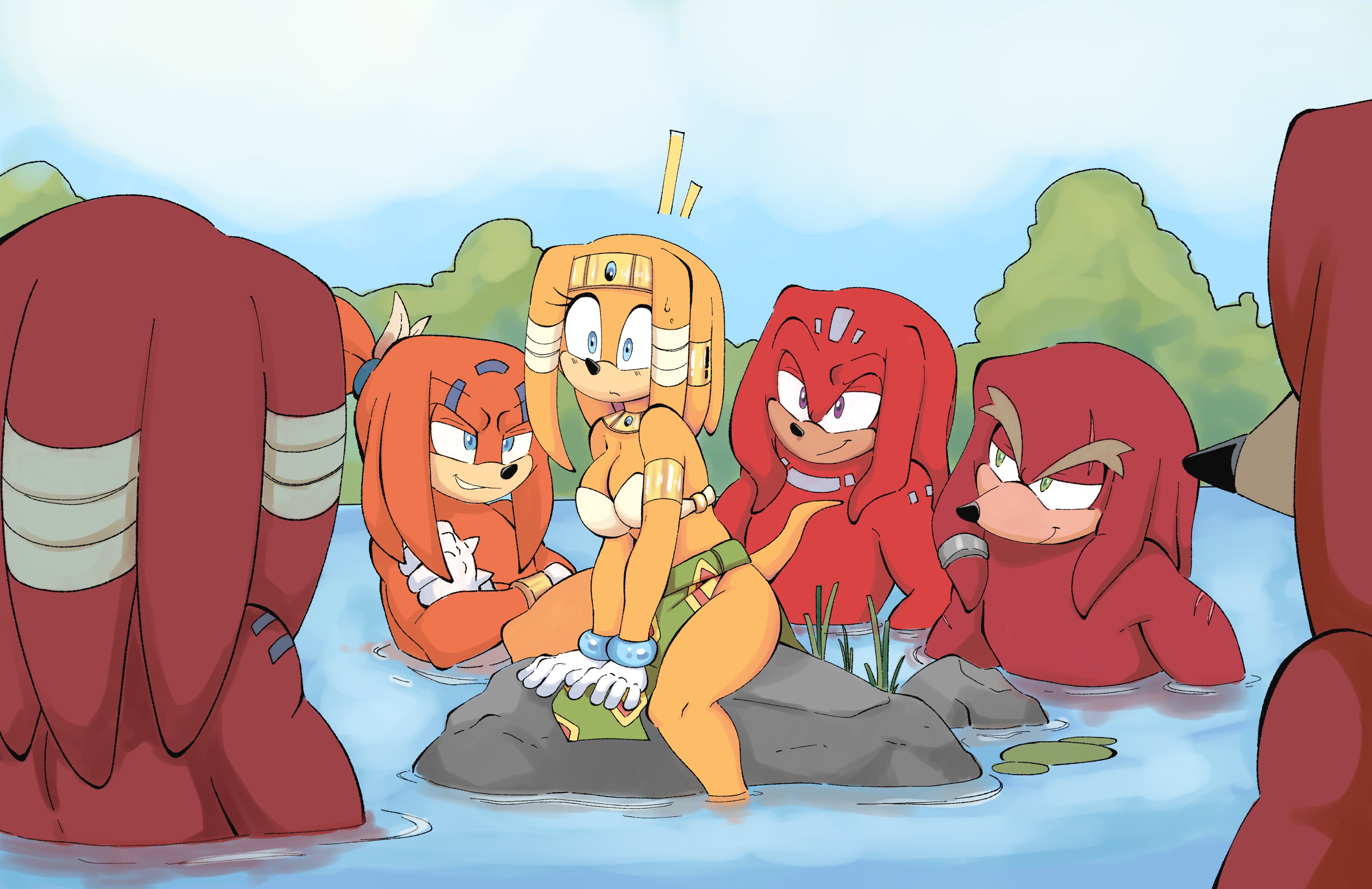 1girls, arantarisu yamu, big breasts, blue eyes, breasts, echidna, female, fully clothed, imminent sex, jewelry, male, multiple boys, multiple males, orange fur, red body, smirk, sonic (series), sonic the hedgehog (series), thick thighs, tikal the echidna