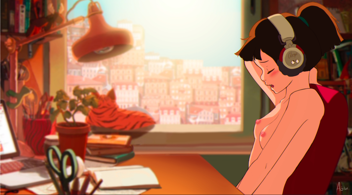 1girls, aobacarry, blush, breasts, brown hair, cat, chair, city, closed eyes, computer, day, daylight, daytime, desk lamp, edit, feline, female, female masturbation, headphones, high ponytail, highres, house cat, human, lamp, laptop, leaf, lo-fi beats to relax/study to, lofi girl, masturbation, medium hair, naked, nipples, nude, nude female, open mouth, pale skin, plant, plant pot, ponytail, potted plant, profile, recolor, signature, sitting, small areolae, small breasts, small nipples, solo, upper body, window