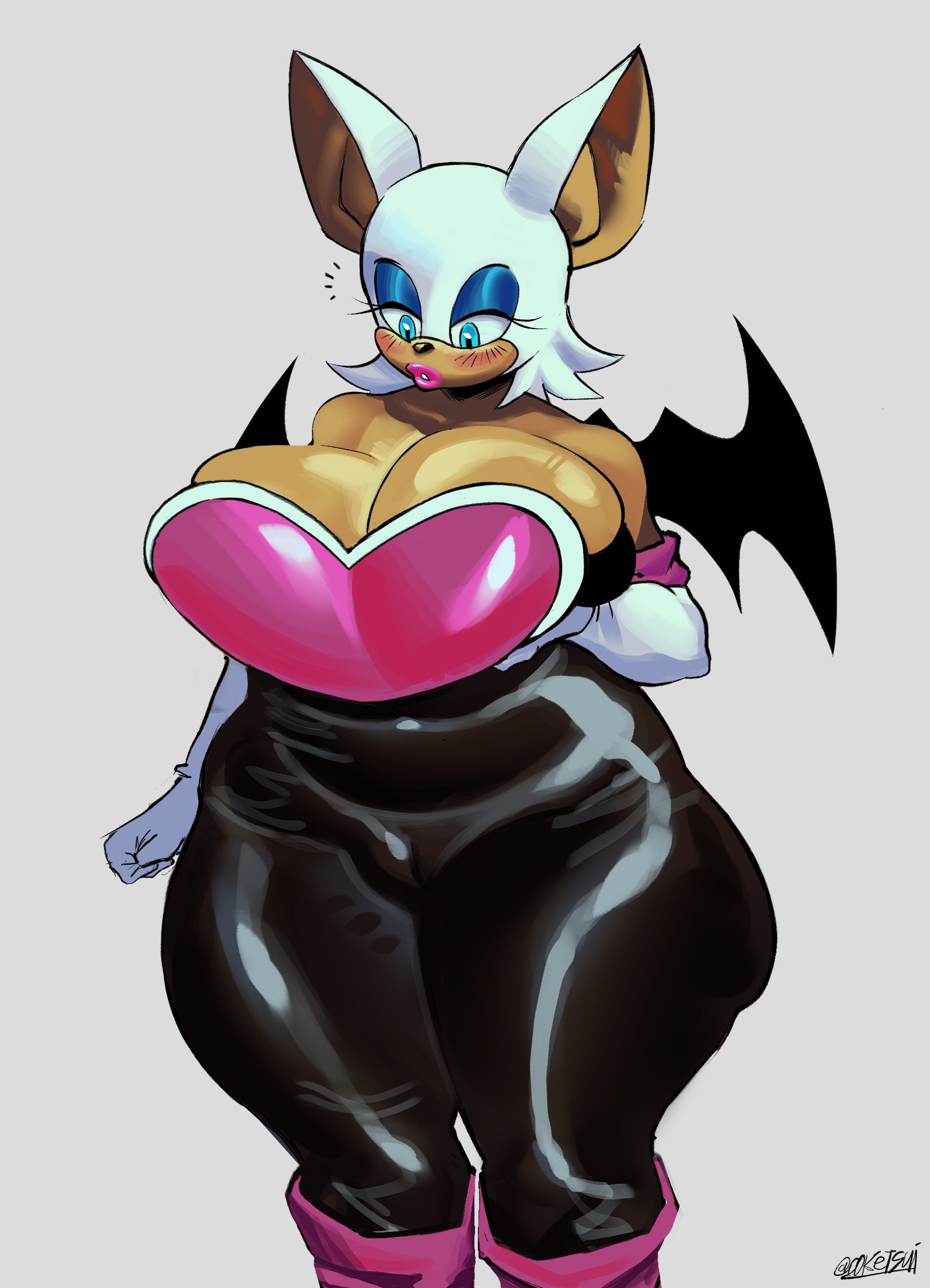 00ketsui, 1girls, about to burst, barely contained ass, barely contained breasts, barely fits, big ass, big breasts, breasts, breasts too big, female, imminent wardrobe malfunction, inconvenient boobs, inconvenient breasts, large ears, looking at own breasts, looking down at breasts, looking down at self, rouge the bat, sonic (series), sonic the hedgehog (series), tagme, wardrobe malfunction
