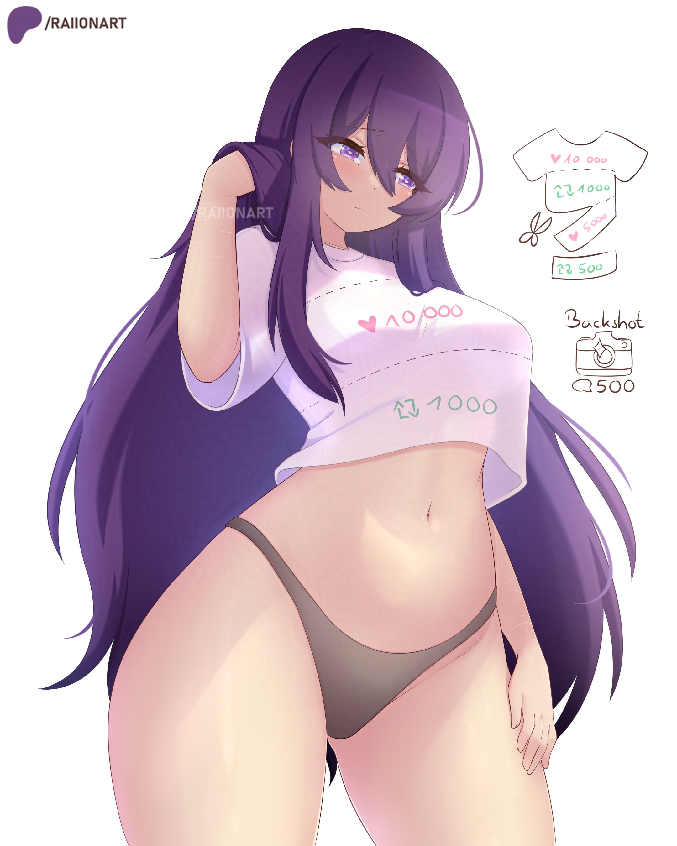 1girls, belly button, big breasts, blush, breasts, child bearing hips, cut clothes, doki doki literature club, embarrassed, english text, female, like goal, long hair, panties, playing with hair, purple eyes, raionart, retweet goal, shirt, short shirt, slim waist, thick thighs, thighs, thighs bigger than head, thighs together, very long hair, very thick thighs, white background, white shirt, wide hips, yuri (doki doki literature club)