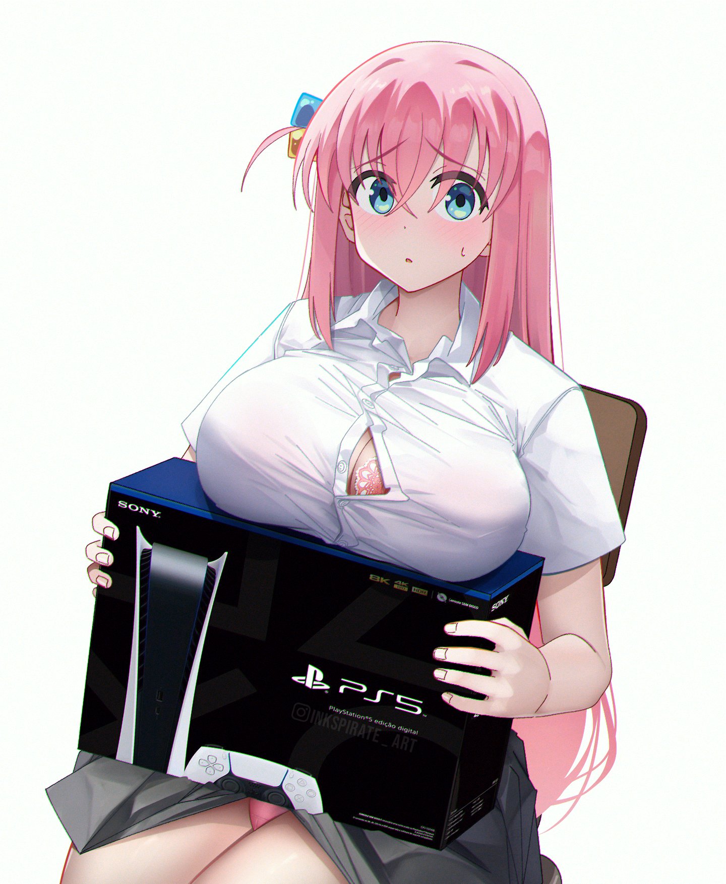 1girls, barely contained, barely contained breasts, barely fits, big breasts, blush, bocchi the rock!, box, bra, bra visible through clothes, breast rest, breasts, button down shirt, button gap, button pop, commentary, female, furrowed brow, game console, gotou hitori, grey skirt, hair between eyes, highres, holding, holding box, imminent wardrobe malfunction, inkspirate, lace, lace bra, large breasts, looking at viewer, panties, panties visible through clothing, parted lips, pink bra, pink panties, playstation 5, shirt, sitting, skirt, solo, sony, strained buttons, straining buttons, sweatdrop, taut clothes, taut shirt, tight fit, too tight, underwear, upper body, white shirt
