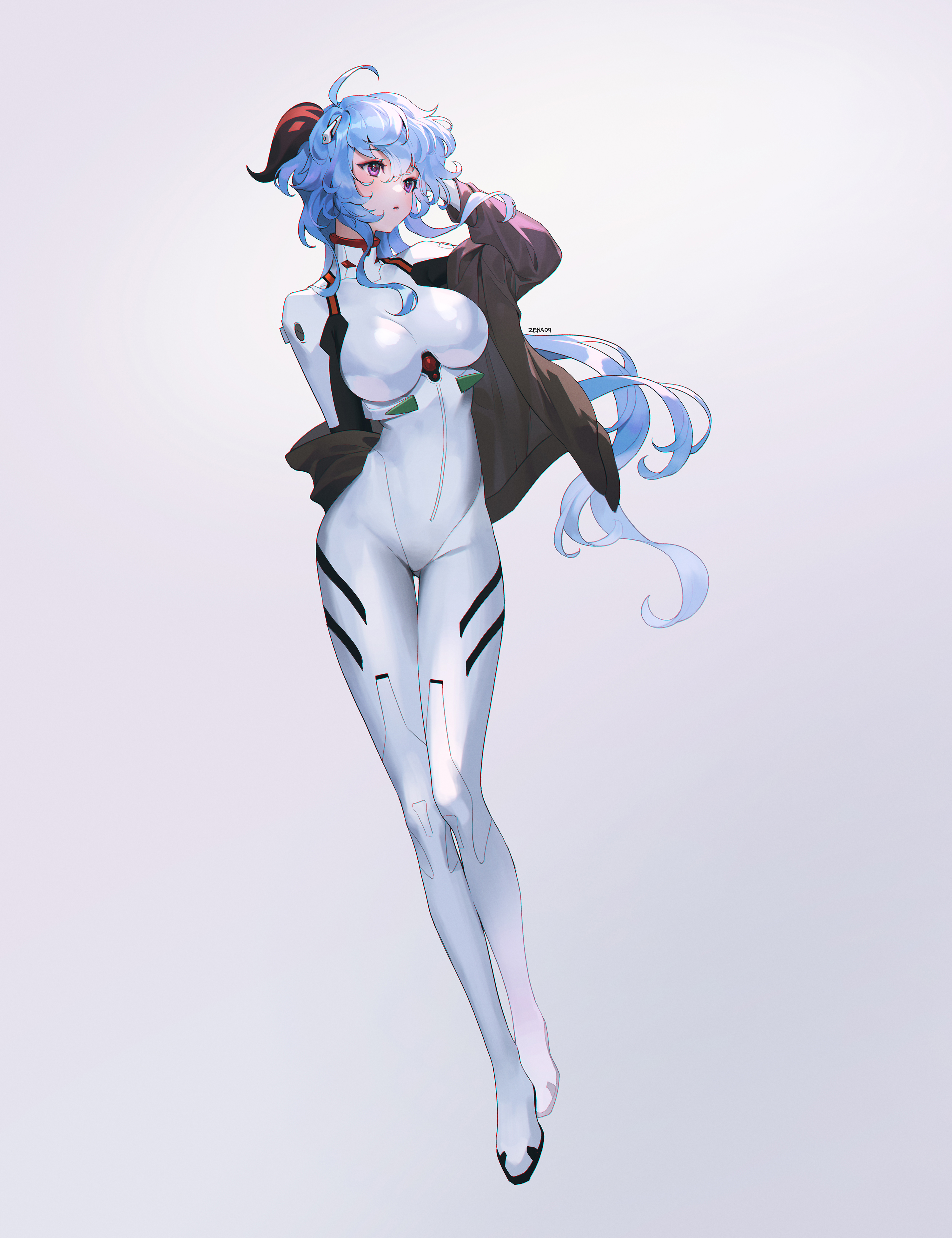 1girls, 3d, big breasts, blue hair, bodysuit, breasts, cosplay, female, ganyu (genshin impact), genshin impact, large breasts, neon genesis evangelion, off shoulder, open jacket, plugsuit, purple eyes, rei ayanami, rei ayanami (cosplay), skin tight, solo, white bodysuit, zena09