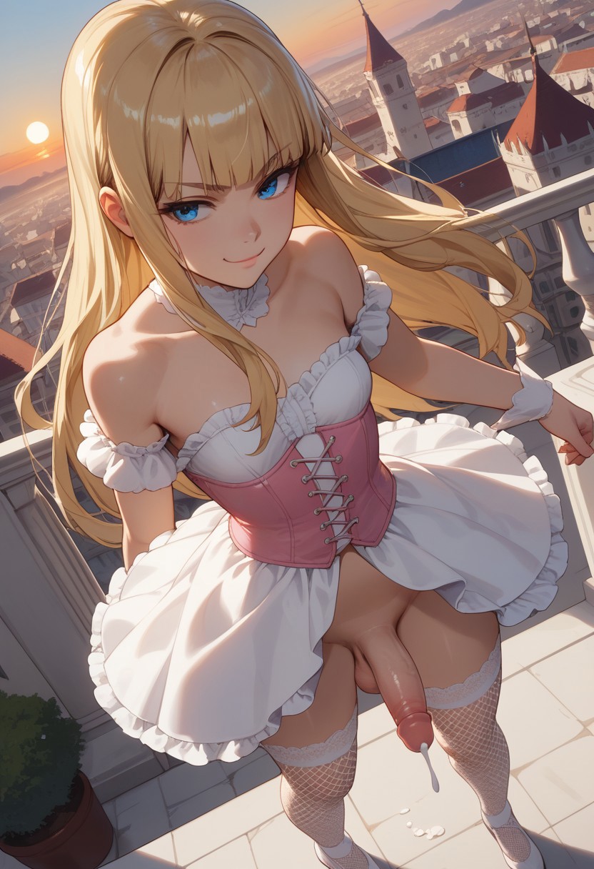 1futa, ai generated, balls, blonde hair, blue eyes, breasts, corset, cum, cumdrip, dress, female, fishnet legwear, fishnets, flaccid, from above, futa only, futanari, hime cut, hime girl (jamesbron), intersex, jamesbron, large penis, legwear, long hair, no panties, penis, rooftop, small breasts, smug, solo, solo futa, standing, stockings, sunset, thighs