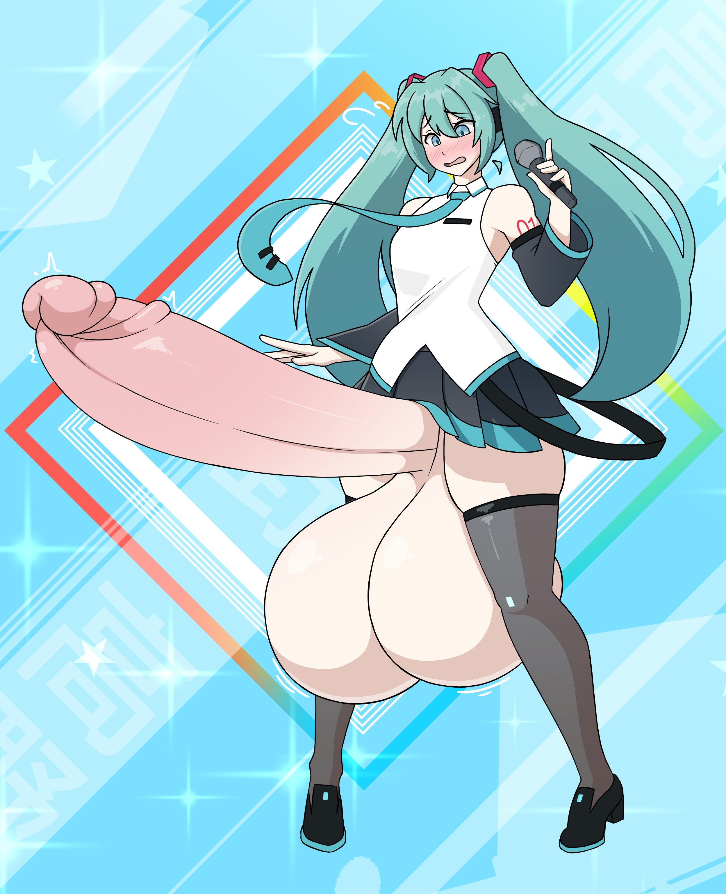 1futa, 1girl, aqua eyes, aqua hair, aqua necktie, balls, balls expansion, balls growth, balls growth (enlargement), black skirt, black thighhighs, blue eyes, blush, breasts, closed mouth, detached sleeves, embarrassed, enormous penis, erection, expansion, full-face blush, futanari, genital expansion, genital growth, genital growth (enlargement), gigantic penis, hair between eyes, hatsune miku, holding, huge penis, hyper, hyper balls, hyper penis, intersex, long hair, looking down, massive penis, microphone, necktie, open mouth, penis, penis expansion, penis growth, penis growth (enlargement), scared, sequence, shirt, skindentation, skirt, sleeveless, sleeveless shirt, solo, solo futa, standing, takano (artist), testicles, thick thighs, thighhighs, twintails, uncensored, very long hair, vocaloid, worried