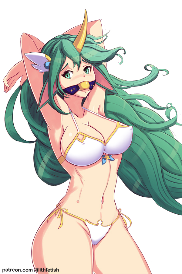 1girls, alternate costume, animal ears, armpits, arms up, ball gag, big breasts, bikini, blush, bondage, bra, breasts, celestial (league of legends), cleavage, curvy, female, female only, gag, green eyes, green hair, horn, large breasts, league of legends, lilith-fetish, long hair, looking at viewer, navel, panties, restrained, side tie panties, solo, soraka, standing, star guardian series, star guardian soraka, toned, toned female, wide hips, yellow ball gag