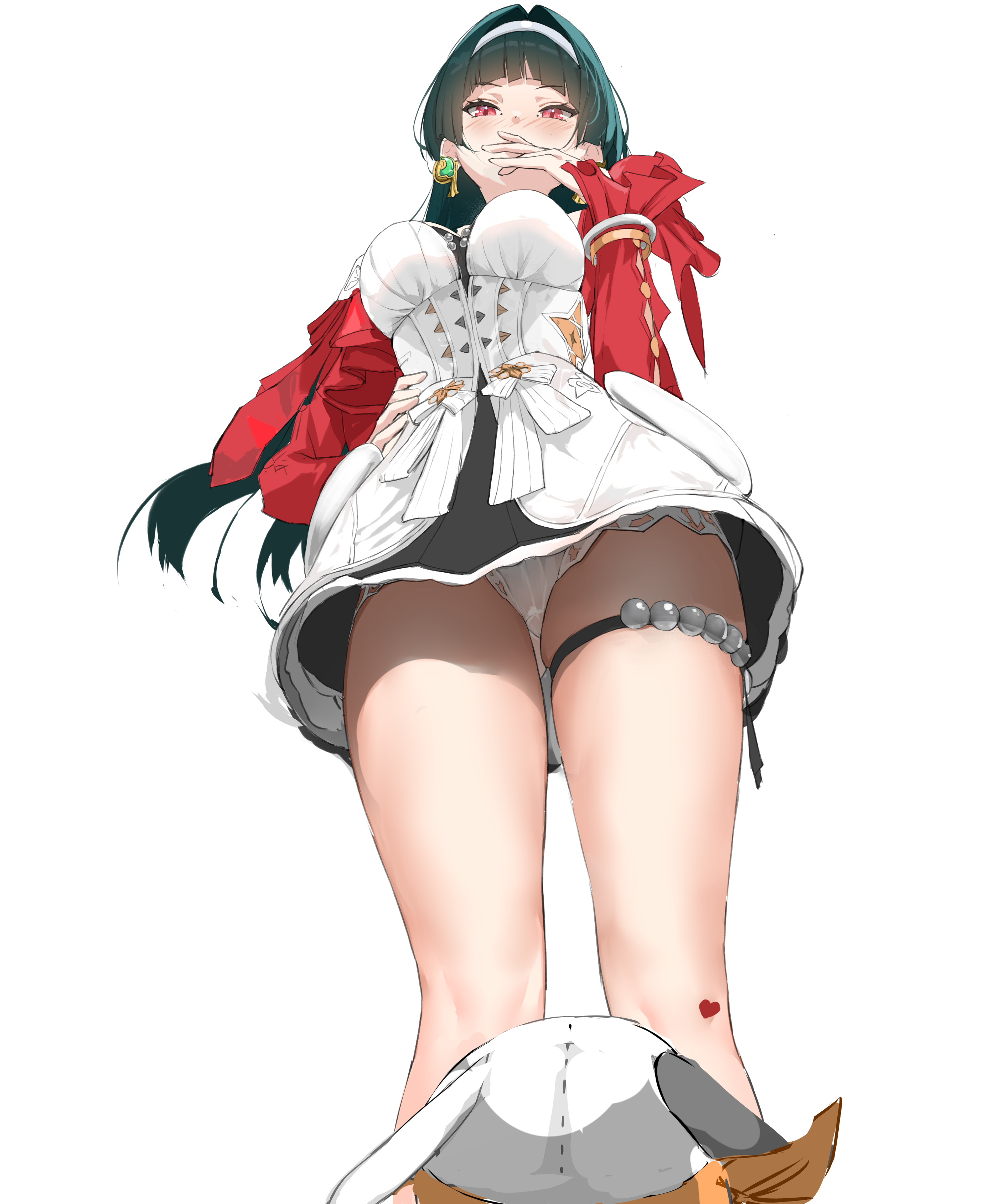 1girls, artist request, astra yao, bangboo (zenless zone zero), black hair, clothed, dark hair, eous (zenless zone zero), female, female only, hoyoverse, idol, legs, light skin, light-skinned female, mihoyo, mostly clothed, realpokke, tagme, thick thighs, thighs, white background, zenless zone zero