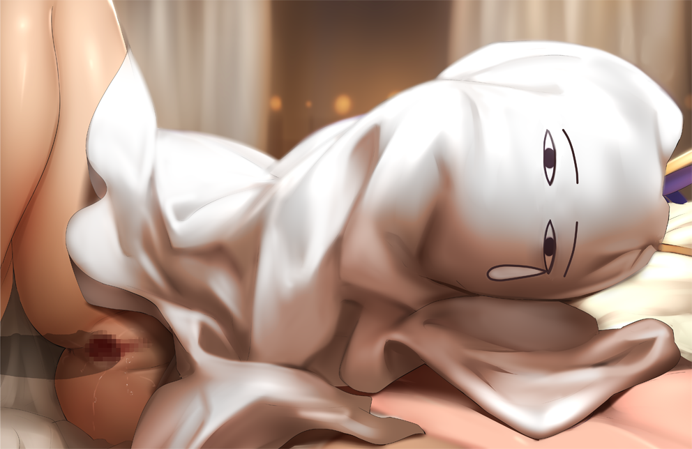 bed_sheet cameltoe censored cosplay fate/grand_order fate_(series) female ginhaha lying medjed medjed_(cosplay) mosaic_censoring nitocris_(fate/grand_order) nitocris_(swimsuit_assassin) on_side panties panties_removed penetration penis purple_hair pussy_juice solo spread_legs underwear