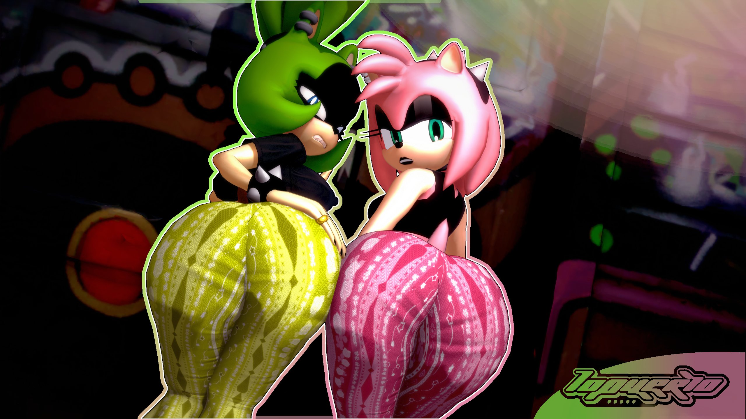 2girls, 3d, 3d model, amy rose, ass, female, flare pants, forbidden pants, goth, huge ass, idw comics, idw publishing, iopuerto, mobian, mobian (species), mobian tenrec, sega, sonic (series), sonic the hedgehog (comics), sonic the hedgehog (idw), sonic the hedgehog (series), surge the tenrec, tagme