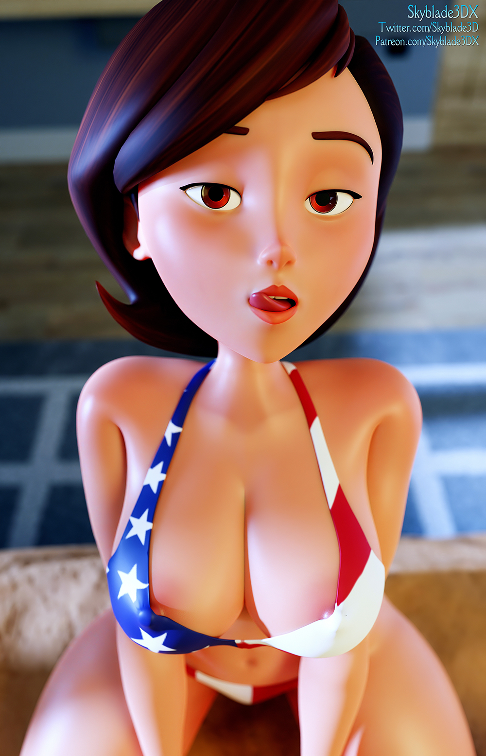 1girls, 3d, american flag bikini, breasts, brown eyes, brown hair, disney, elastigirl, female, female only, helen parr, mother, nude, skyblade3dx, source request, tagme, the incredibles, tongue, tongue out