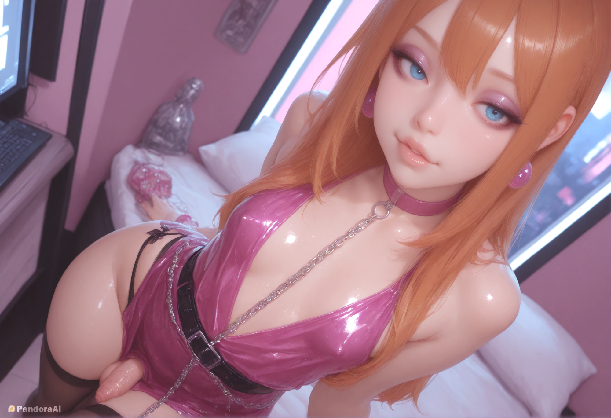 absurd res, ai generated, artist name, artist upload, bare shoulders, bed, belt, black panties, black thighhighs, blue eyes, breasts, chains, choker, collar, crossdressing, dress, earrings, eyeliner, eyeshadow, femboy, femboy focus, feminine male, gay, hi res, indoors, jewelry, keyboard (computer), leash, lips, long hair, looking at viewer, makeup, mascara, monitor, more at source, mouse (computer), orange hair, pandora, panties, patreon, patreon username, penis, pillow, pink choker, pink collar, pink dress, pink lips, self upload, short dress, side-tie panties, small breasts, solo, thighhighs, transgender, uncensored, underwear, watermark