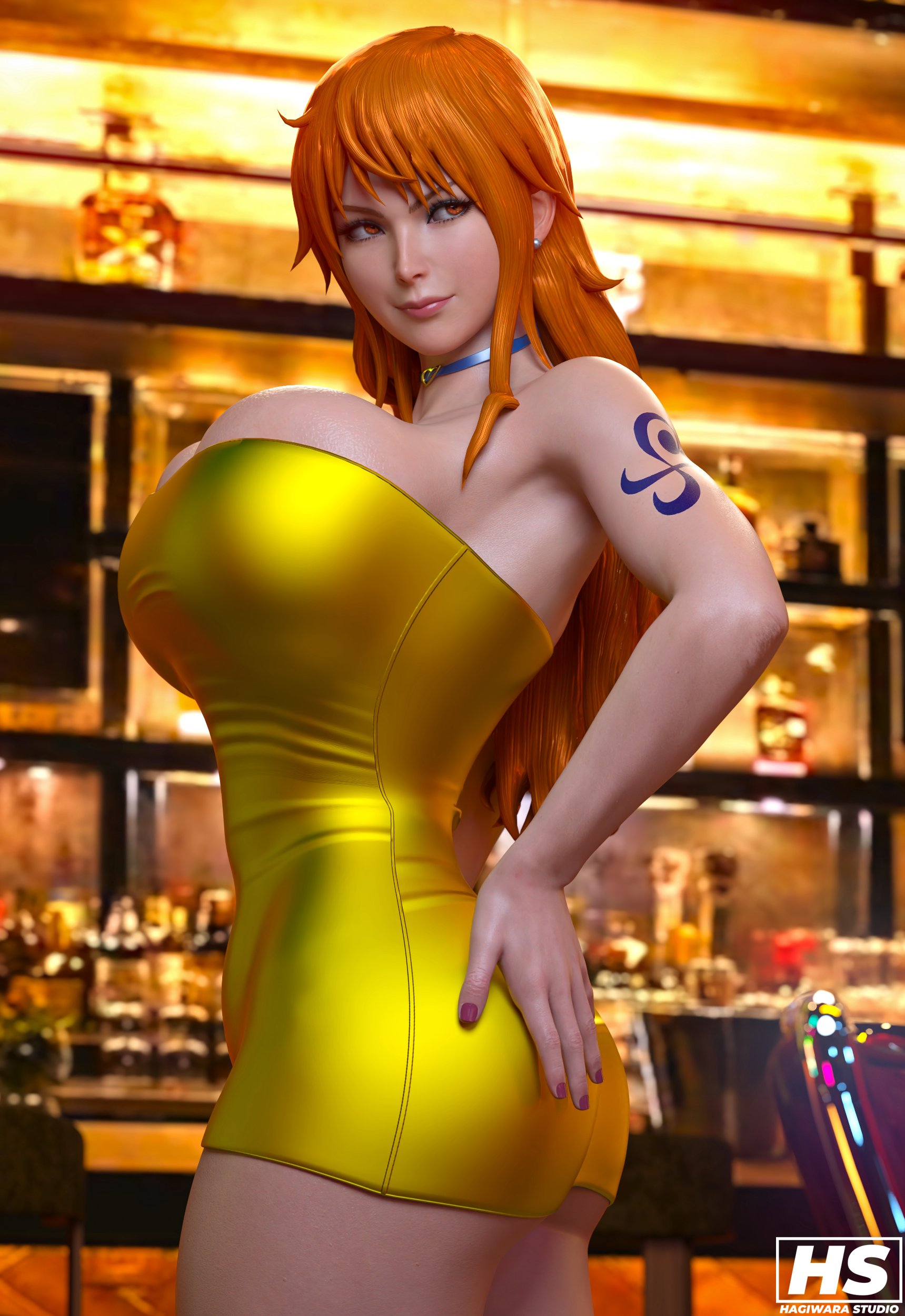 1girls, 3d, ass, big ass, big breasts, breasts, cleavage, clothing, female, female only, hagiwara studio, huge nipples, nami (one piece), one piece, orange hair, solo, thick thighs, voluptuous, voluptuous female
