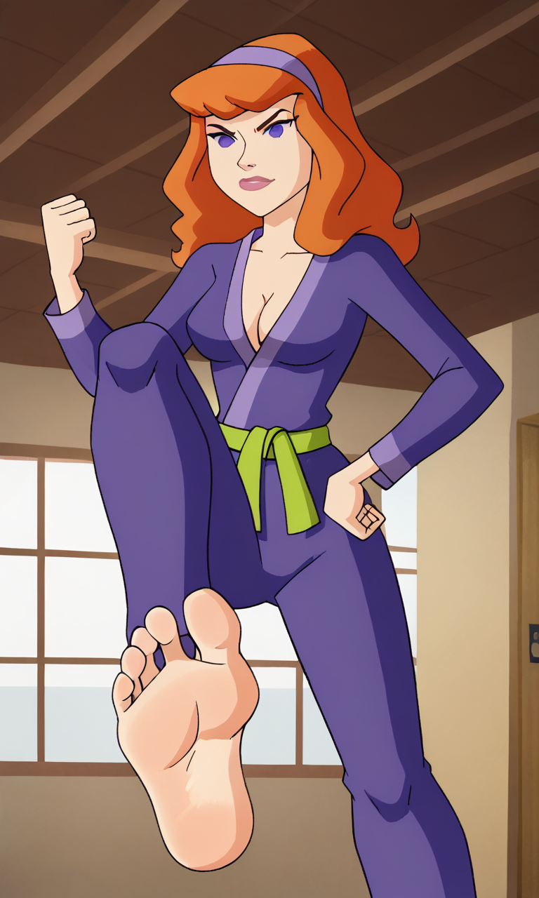 ai_generated ass barefoot bigmic145 breasts cartoon_network cleavage daphne_blake daphne_blake_(mystery_incorporated) dougi feet femdom foot_fetish foot_focus karate martial_arts red_hair scooby-doo scooby-doo!_mystery_incorporated stepped_on trampling