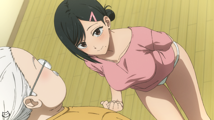 aoi_sakamoto black_hair blush blushing_female blushing_male canon_couple glasses happy horny_female husband_and_wife inviting_to_sex keihh light-skinned_female light-skinned_male panties pink_shirt sakamoto_days short_hair smile tarou_sakamoto white_hair white_panties