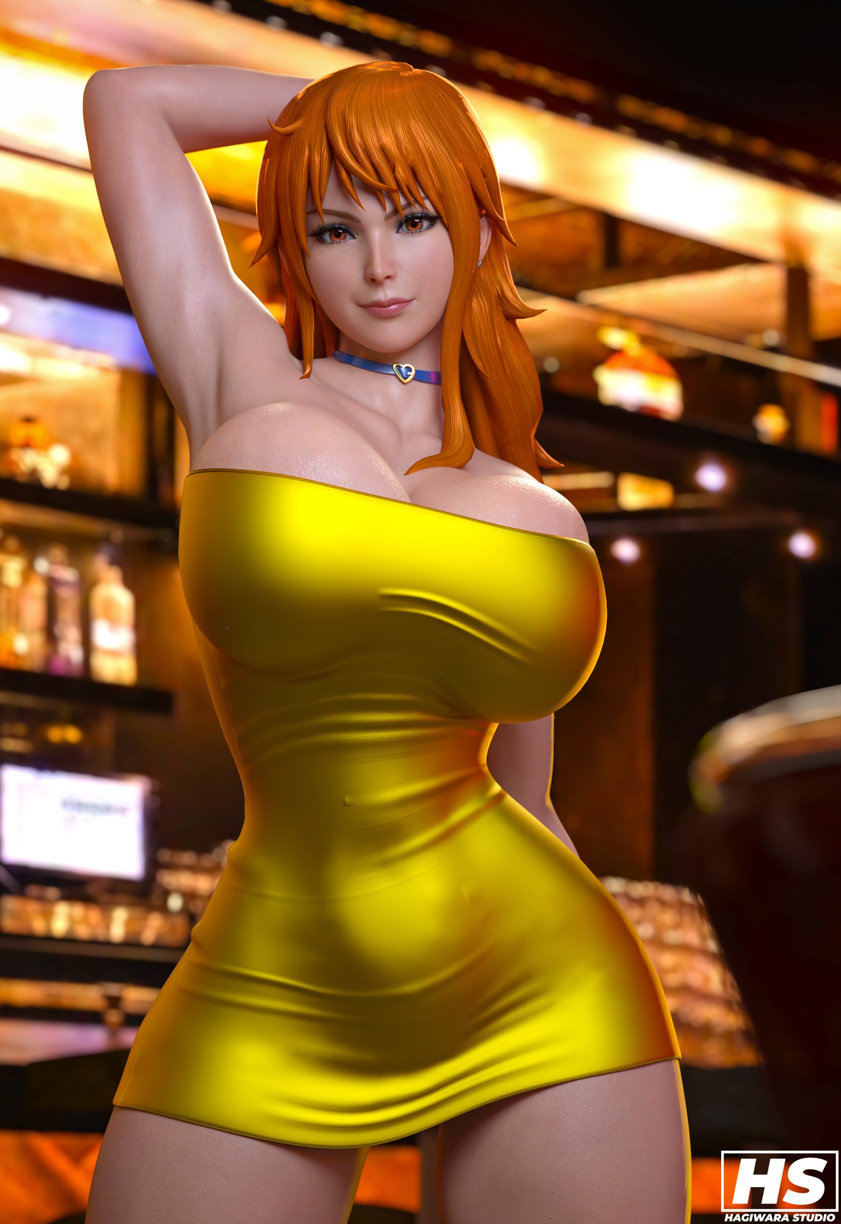 1girls, 3d, ass, big ass, big breasts, breasts, cleavage, clothing, female, female only, hagiwara studio, huge nipples, nami (one piece), one piece, orange hair, solo, thick thighs, voluptuous, voluptuous female