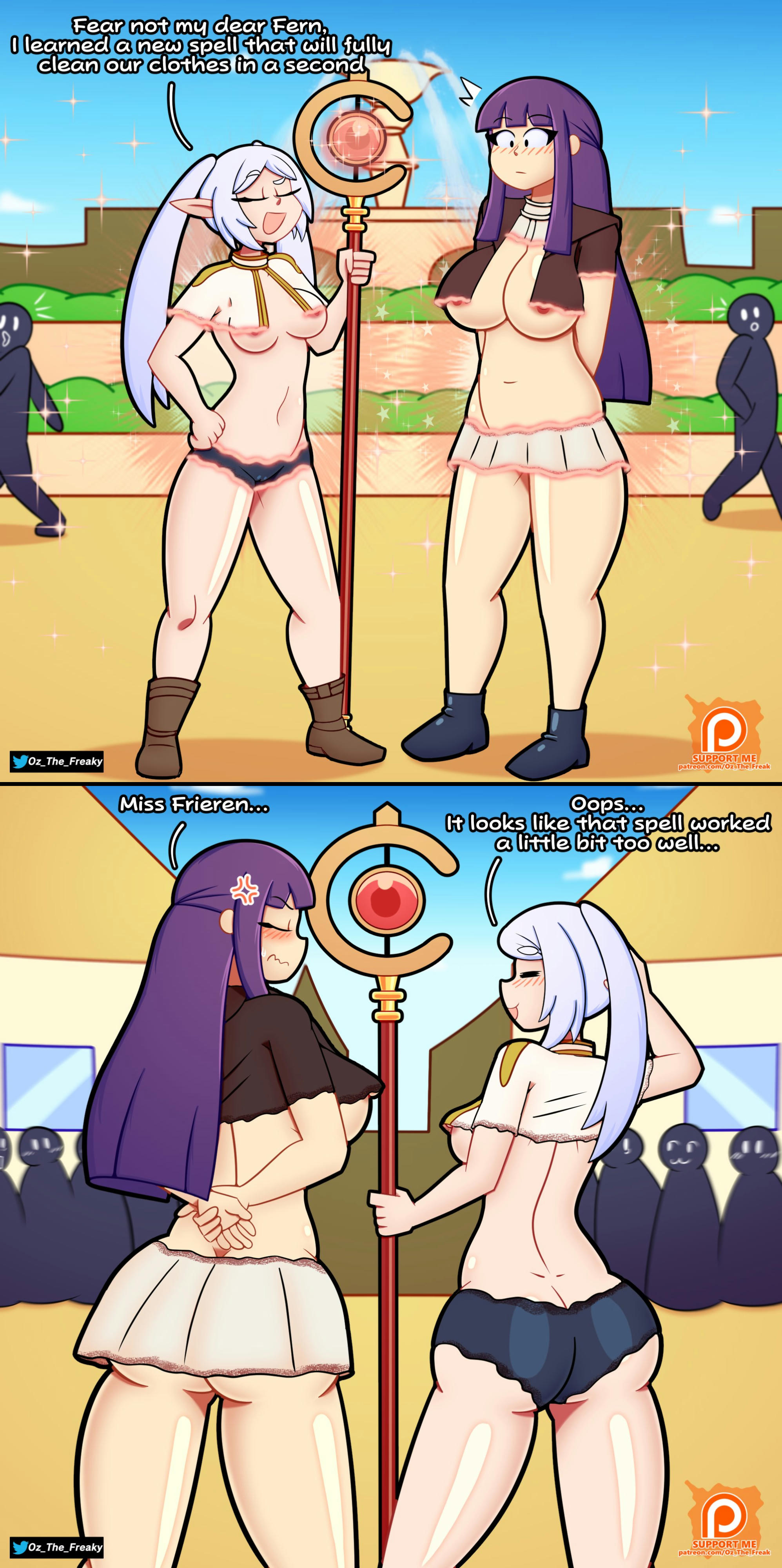 2girls, ass, breasts, embarrassed, female, female focus, fern (sousou no frieren), frieren, multiple girls, oz the freak, public indecency, purple hair, shrinking clothes, sousou no frieren, tagme, underboob, white hair