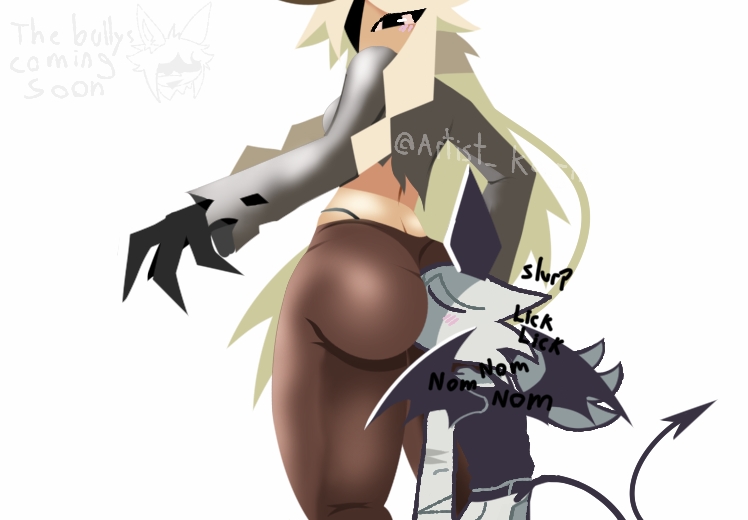 artist_kaijin back_view blonde_female blonde_hair brown_pants demon_girl eating_ass edgyverse face_down_ass_up fundamental_paper_education genderswap_(mtf) hansel_(edgyverse) horns huge_ass licking_ass long_hair mister_barrel(edgyverse) surprised