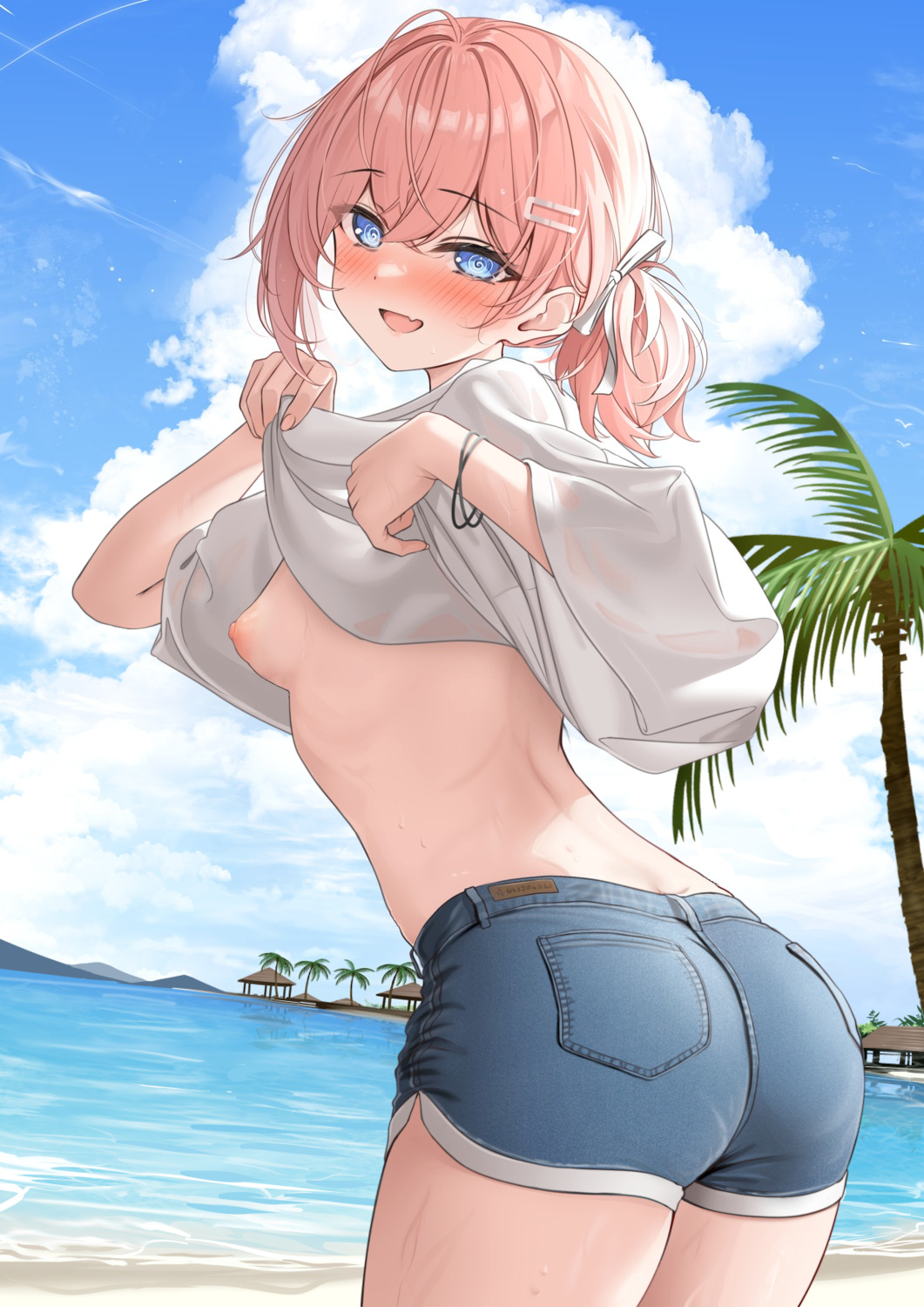 blue_eyes breasts monaka_curl pink_hair shirt_lift