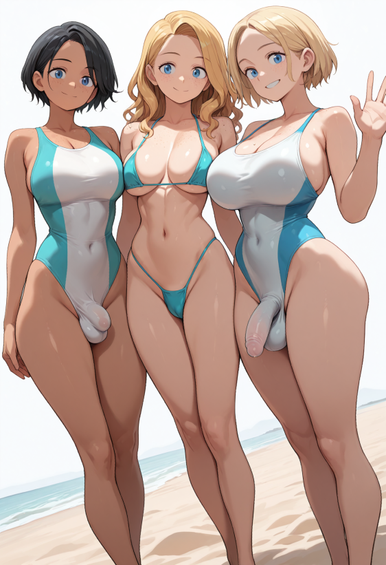 1girls 2futas ai_generated beach bikini black_hair blonde_hair blue_eyes large_breasts medium_breasts one-piece_swimsuit swimsuit