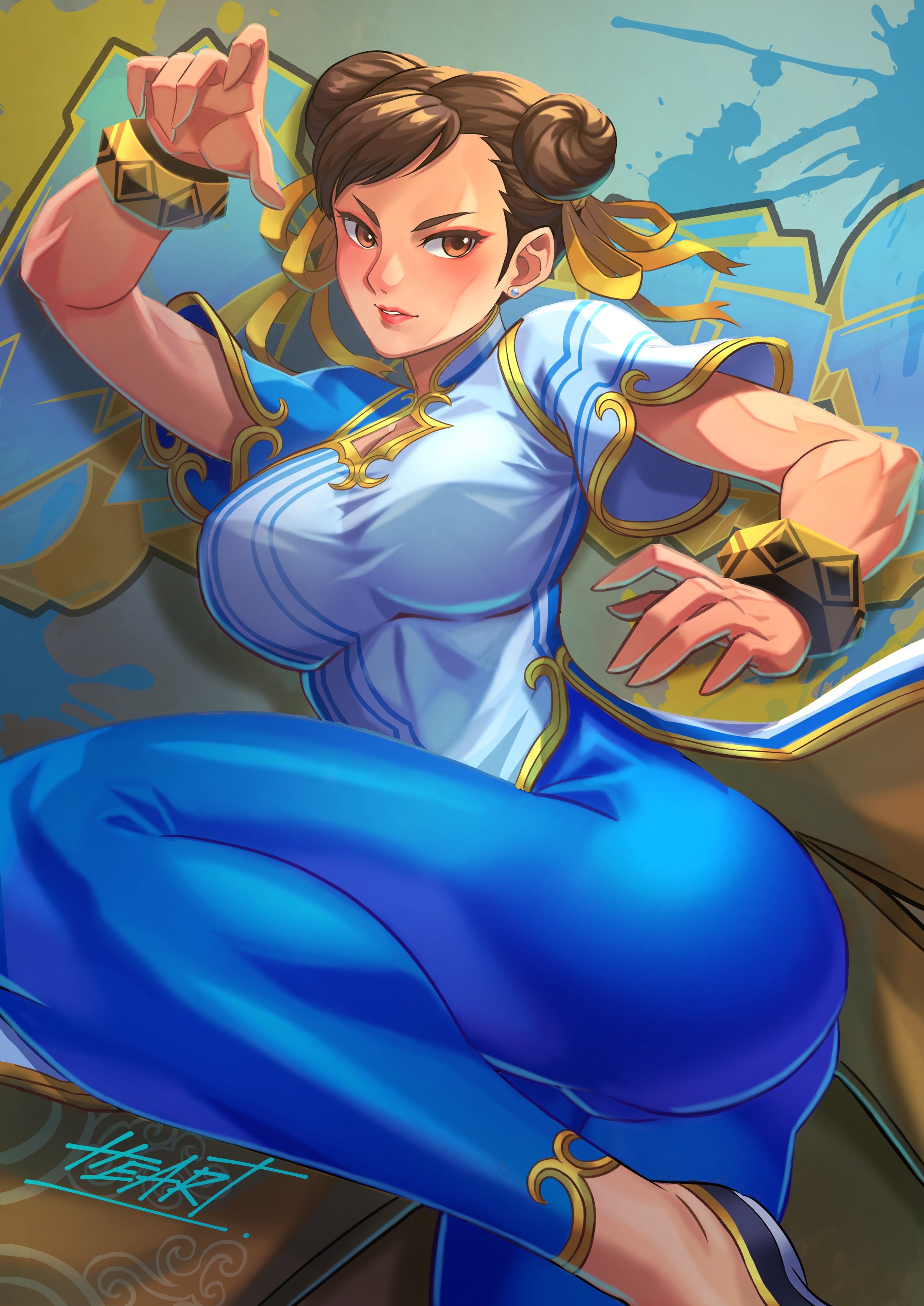 1girls, artist name, ass, blush, bracelet, breasts, brown eyes, brown hair, cameltoe, capcom, chinese clothes, chun-li, earrings, female, female only, fighting stance, graffiti, hair bun, highres, jewelry, large breasts, lips, mature female, one leg raised, pussy, serious, signature, street fighter, street fighter 6, thighs