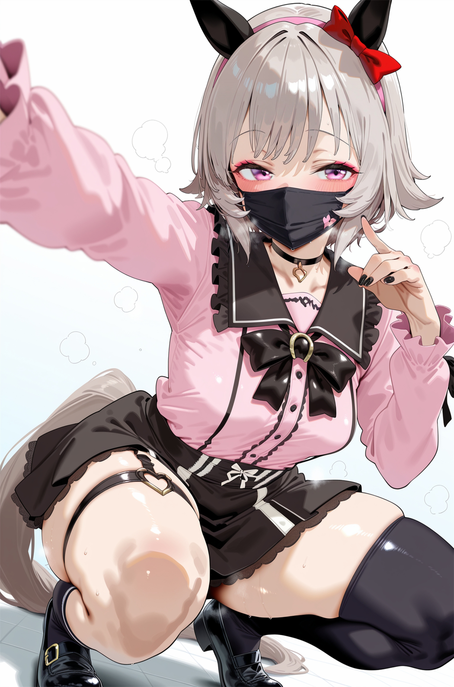 ai generated, animal ears, breasts, curren chan (umamusume), female, horse girl, jirai kei, looking at viewer, purple eyes, ribbon, skindentation, umamusume, umamusume pretty derby, white hair