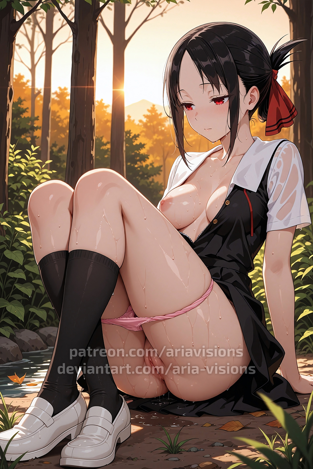 1girls, ai assisted, ai generated, ariavisions, arm support, black hair, breasts, crossed legs, female, female only, folded ponytail, hair ribbon, kaguya-sama wa kokurasetai ~tensai-tachi no renai zunousen~, one breast out, open clothes, panties down, parted bangs, pussy, red eyes, school uniform, shinomiya kaguya, solo, wet pussy