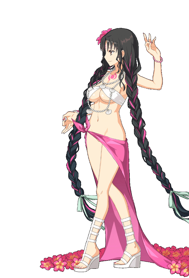 amber_eyes animated animated_gif bikini black_hair bottomless chest_tattoo crossed_legs fate/extra fate/extra_ccc fate/grand_order fate_(series) flimbonio floating flower_in_hair live2d nipple_bulge no_panties ok_sign painted_nails pearl_bracelet pearl_earrings pearl_necklace pink_hair sarong sesshouin_kiara sesshouin_kiara_(swimsuit_mooncancer)_(fate) shell_necklace strappy_heels twin_braids two_tone_hair upskirt wardrobe_malfunction