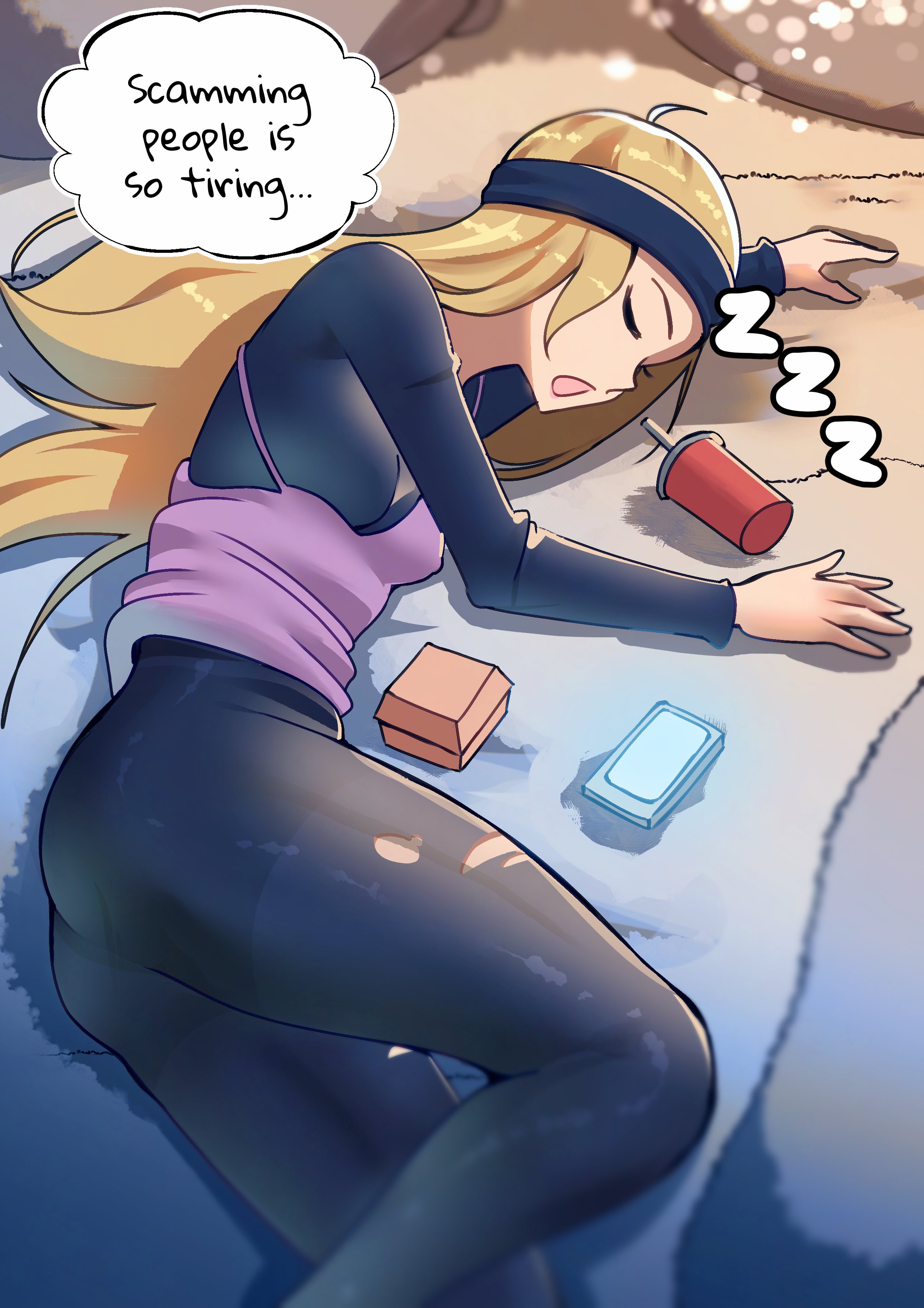 1girls, ass, atlus, bed, black legwear, blonde hair, chihaya mifune, closed eyes, clothing, dress lift, dress up, female, gjh 1, laying down, legs, long hair, lying, lying on side, mifune chihaya, on bed, open mouth, pantyhose, persona, persona 5, safe for work, sleeping, solo female, thick thighs, thighs, torn pantyhose, zzz