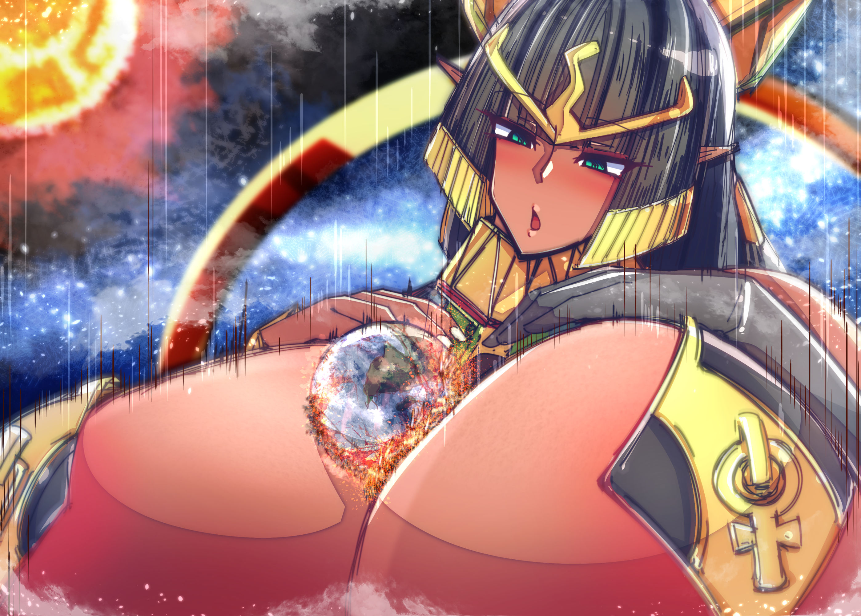 aroused, astronomical hyper, blush, breasts, destruction, earth, female, full body paizuri, giantess, huge breasts, in heat, last origin, looking down, macro, planet between breasts, sekhmet of death, space, sun