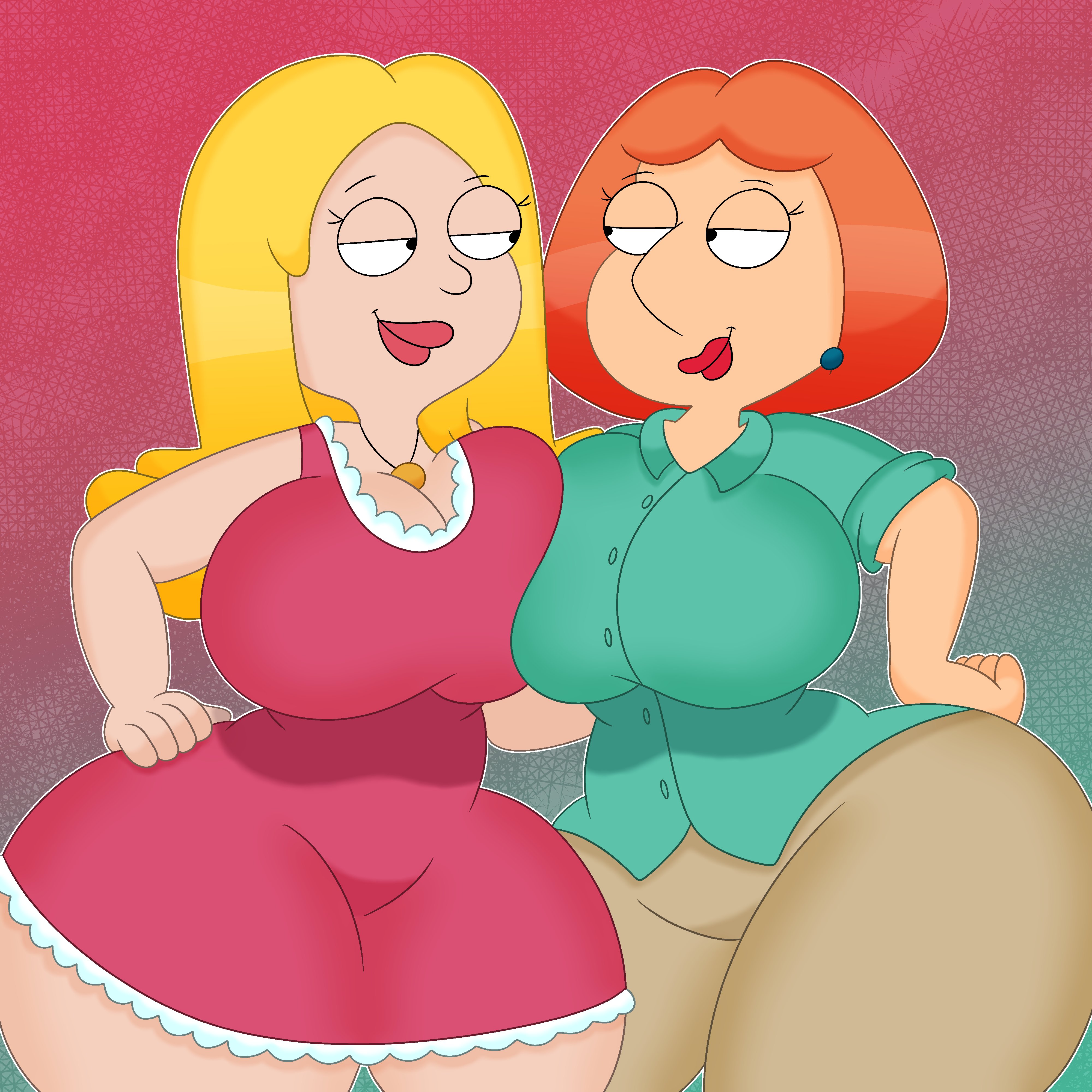 3barts, american dad, big breasts, breast to breast, breasts, cleavage, crossover, family guy, female, francine smith, lois griffin, simple background, wide hips