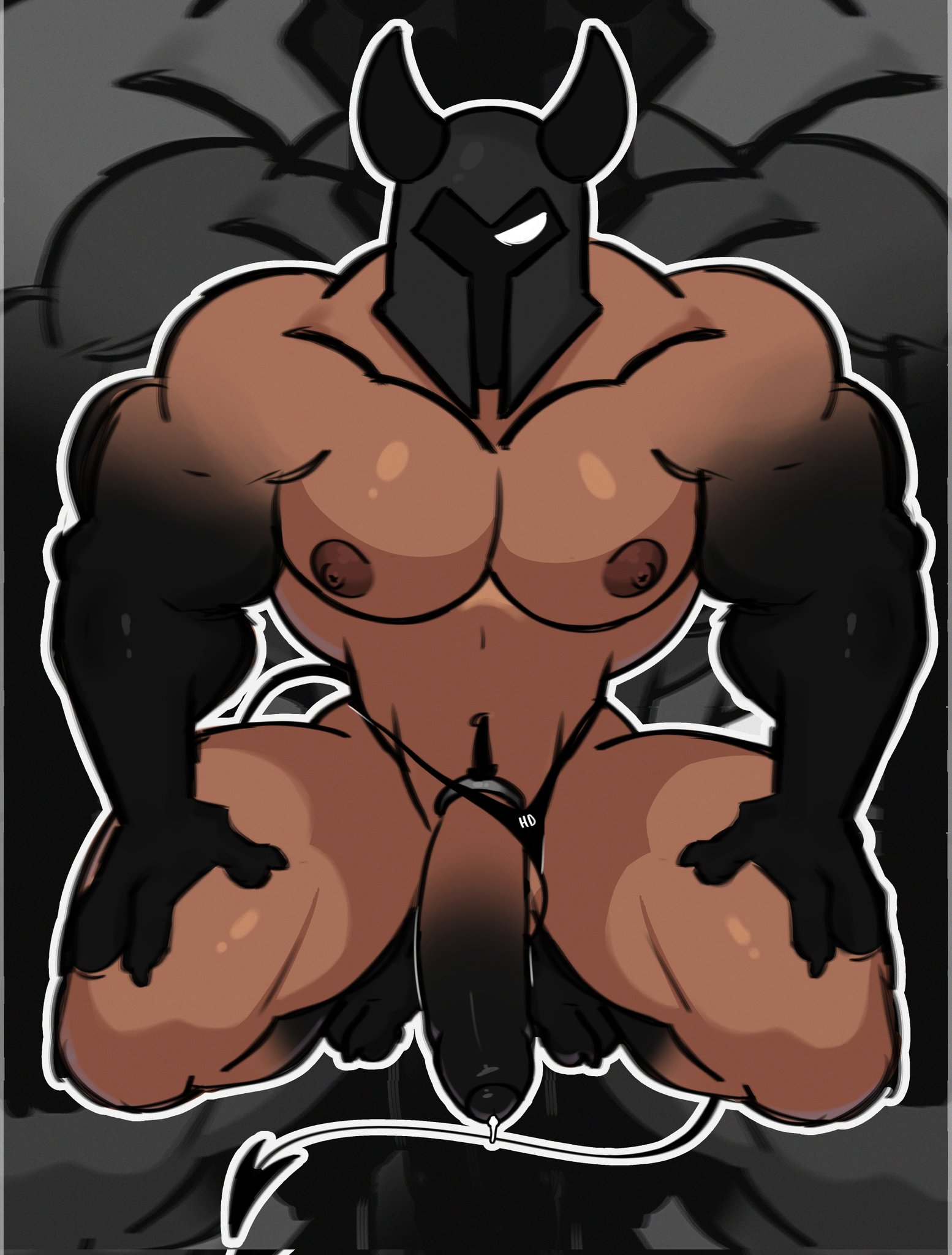1boy, biceps, black body, black tail, dark skin, flaccid, flaccid penis, foreskin, gay, helldad, horns, kneeling, knight helmet, looking at viewer, male, male focus, male only, muscular, muscular male, nipples, nude, partially retracted foreskin, pecs, penis, penis out, precum, retracted foreskin, solo, solo focus, solo male, tail, thick thighs, thong, uncircumcised, youtube