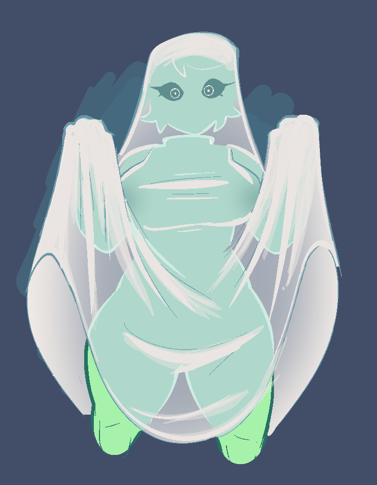 2025 big_breasts big_thighs digital_drawing_(artwork) digital_media_(artwork) eyes ghost ghost_girl green_body green_eyes green_skin hair inka_(inkplasm) pear_shaped scary sheets sketch welwraith