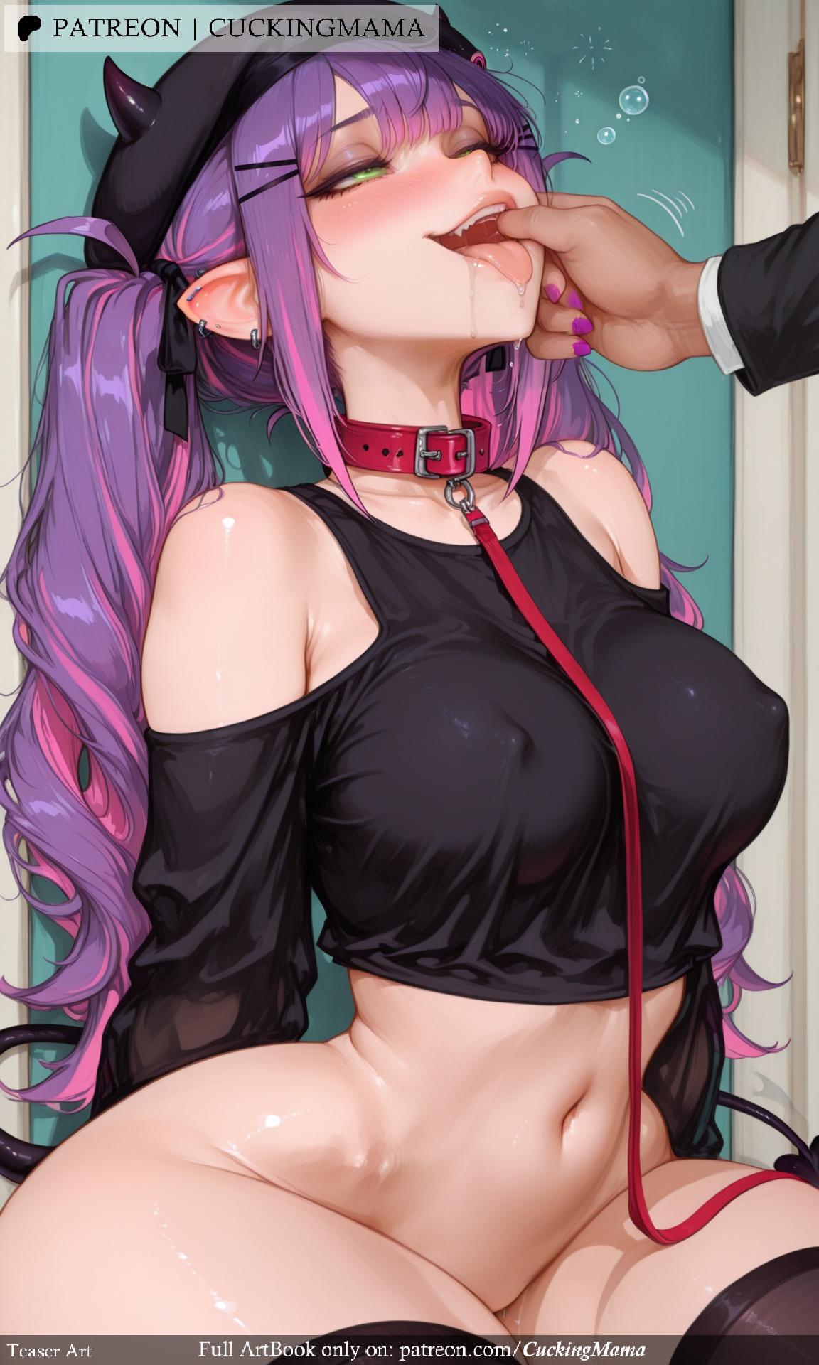 ai_generated bare_shoulders bibi_(tokoyami_towa) black_headwear black_legwear black_shirt blush breasts collar collarbone covered_nipples crop_top cuckingmama demon_girl demon_tail ear_piercing eyebrows_visible_through_hair female fingernails green_eyes green_nails hair_ornament hairclip hat heavy_breathing horns indoors large_breasts leash long_hair looking_at_viewer midriff multicolored_hair nail_polish navel navel_piercing o-ring off_shoulder one_eye_closed open_mouth piercing pink_hair pink_nails pointy_ears purple_hair purple_nails saliva shirt solo_focus spread_legs straight streaked_hair tagme tail thighhighs thighs tokoyami_towa tongue tongue_out twintails virtual_youtuber