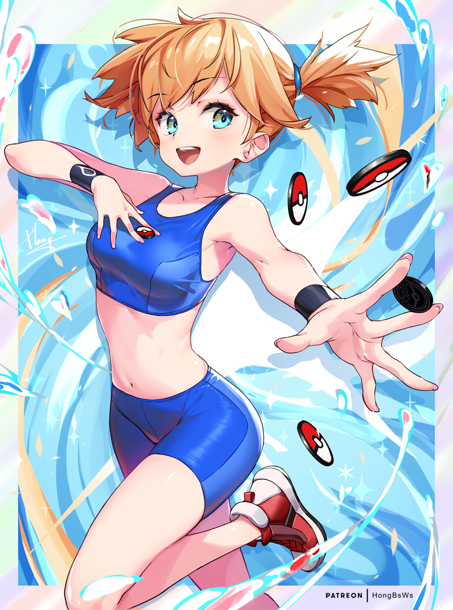 :d, 1girls, asymmetrical hair, bare shoulders, blue eyes, blue shorts, blush, breasts, crop top, eyelashes, female, female focus, female only, green eyes, gym leader, hair tie, highres, holding, holding poke ball, hong (white spider), kasumi (pokemon), large breasts, legs, looking at viewer, medium breasts, midriff, navel, nintendo, open mouth, orange hair, orange-haired female, outstretched arm, poke ball, poke ball (basic), pokemon, pokemon frlg, pokemon tcg, pokemon tcg pocket, ponytail, red shoes, shirt, shoes, short hair, short shorts, shorts, side ponytail, smile, sneakers, solo, sports bra, teeth, thighs, upper teeth