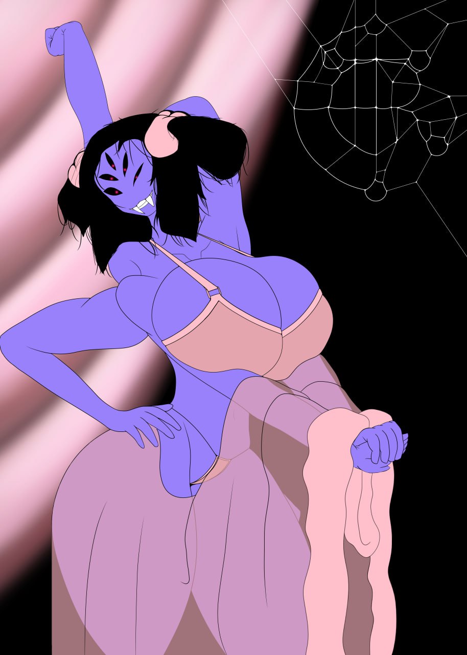 5_eyes alternate_version_available big_breasts bra breasts breasts_bigger_than_head fangs fangs_out female huge_breasts messy_hair milffet monster_girl muffet panties signum-factorem spider_girl spider_web stretching thick_thighs translucent translucent_clothing undertale undertale_(series) watermark
