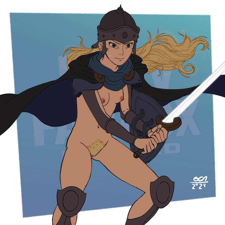 armor blonde_hair breasts brown_cape cape closed_mouth eowyn female female_pubic_hair helmet holding holding_sword holding_weapon long_hair nipples oca-world pubic_hair shield small_breasts solo standing sword the_lord_of_the_rings tolkien's_legendarium weapon