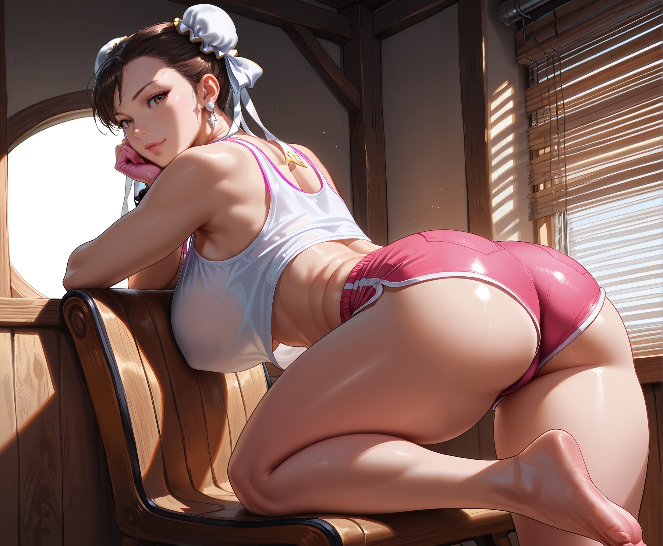 1girls, ai generated, ass, barefoot, capcom, chun-li, cosplay, dolphin shorts, double bun, fatal fury, female, female focus, female only, hair bun, looking at viewer, looking back, mai shiranui (cosplay), pink shorts, raydavid134331, solo, street fighter, street fighter 6, thighs, white tank top