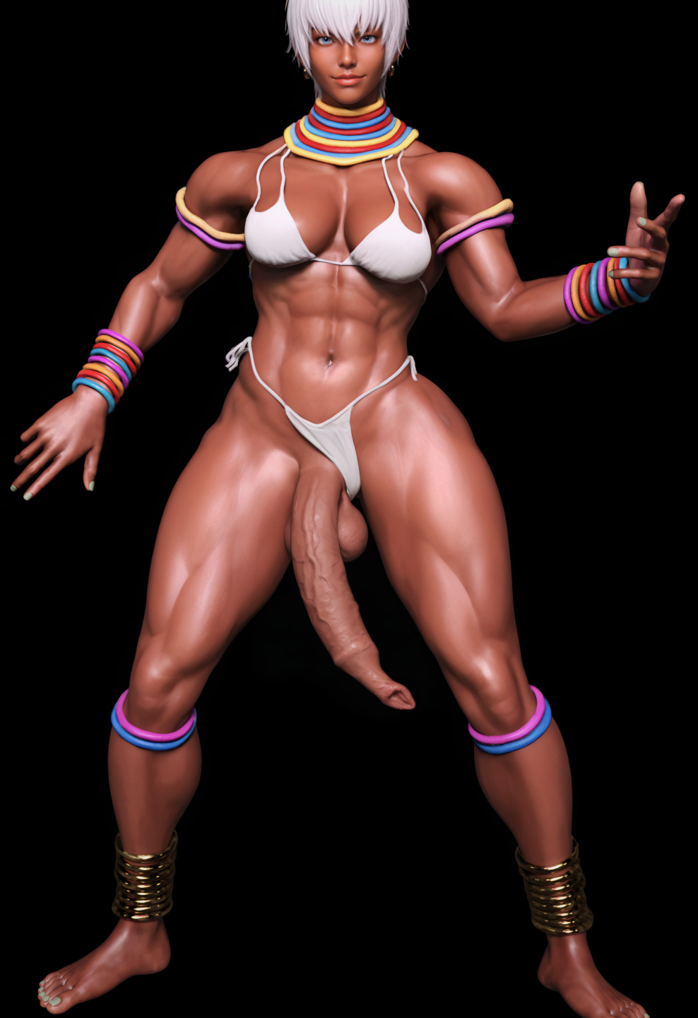 3d, abs, balls, bikini, bikini aside, bikini bottom, bikini top, blue eyes, breasts, cock out, dancing, dark skin, dark-skinned futa, elena (street fighter), feet, flaccid, flaccid penis, foreskin, futa only, futanari, hdregrets, intersex, large balls, large penis, long foreskin, long penis, muscular, muscular legs, panties aside, penis, short hair, street fighter, street fighter 6, swimsuit, thick thighs, uncircumcised, uncut, uncut futa, uncut penis, white hair